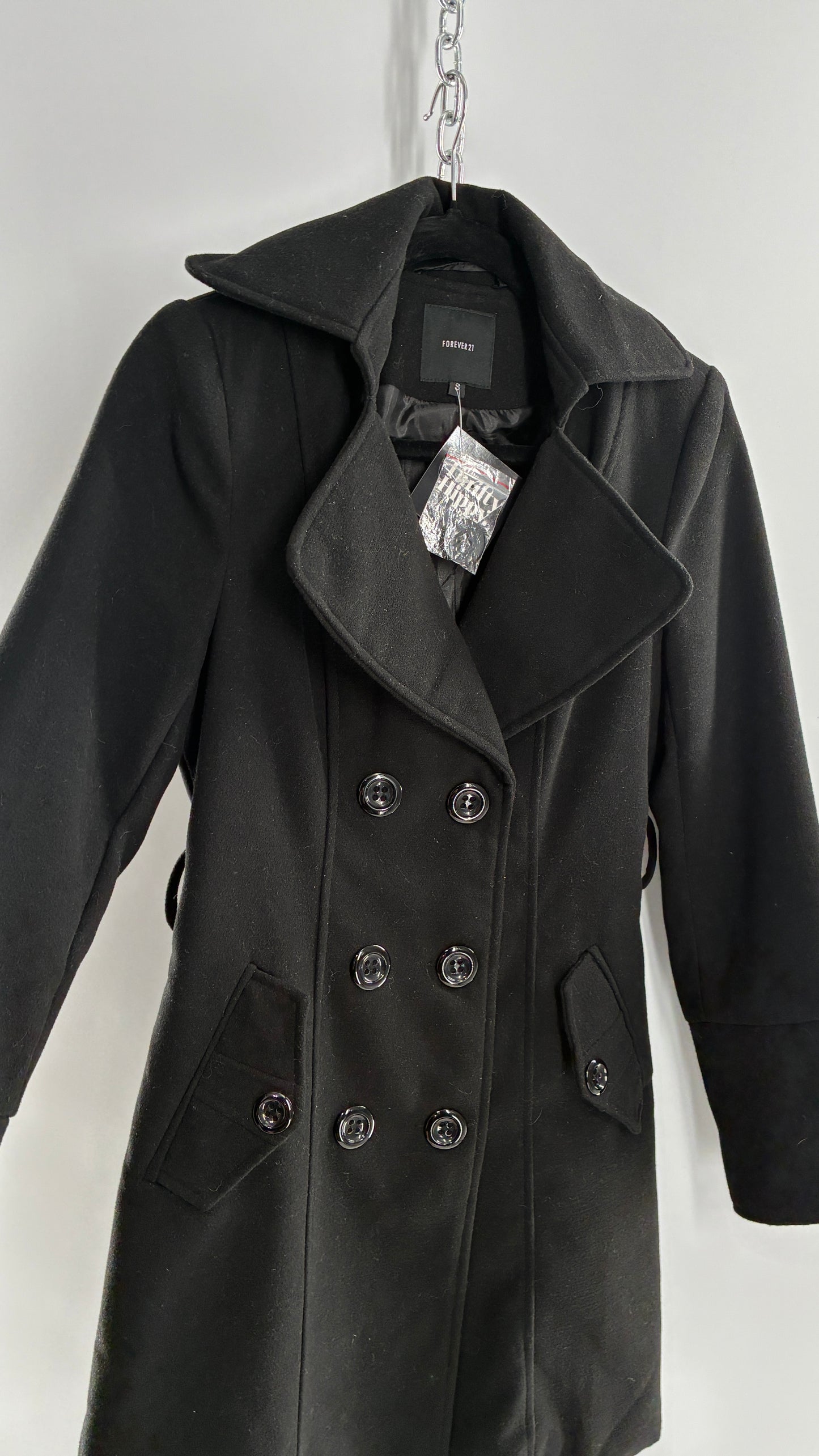 Vintage Black Double Breasted Button Coat with Button Bag (Small)