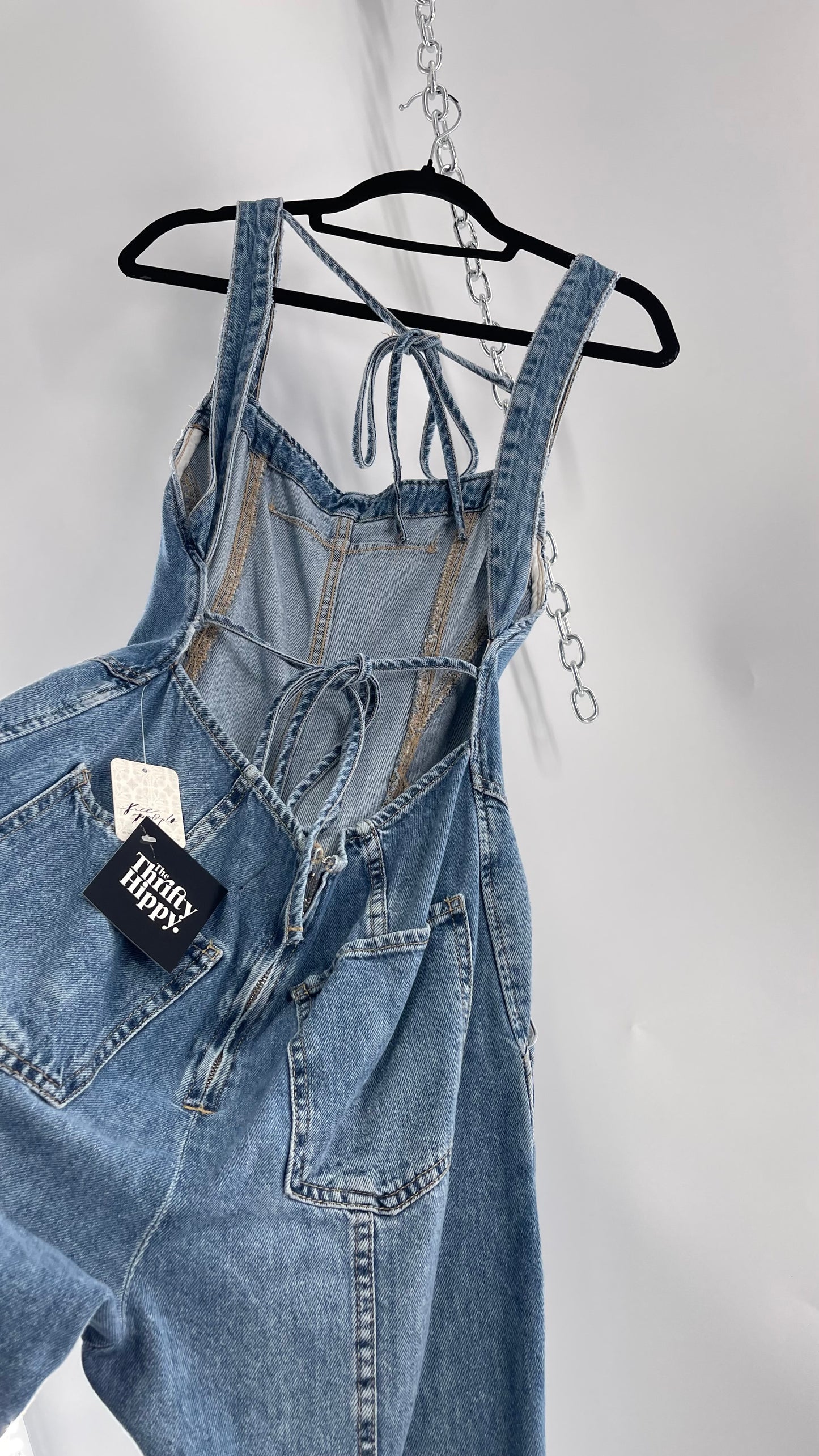 Free People Denim Backless Wide Leg Jumpsuit with Tags Attached (Small)