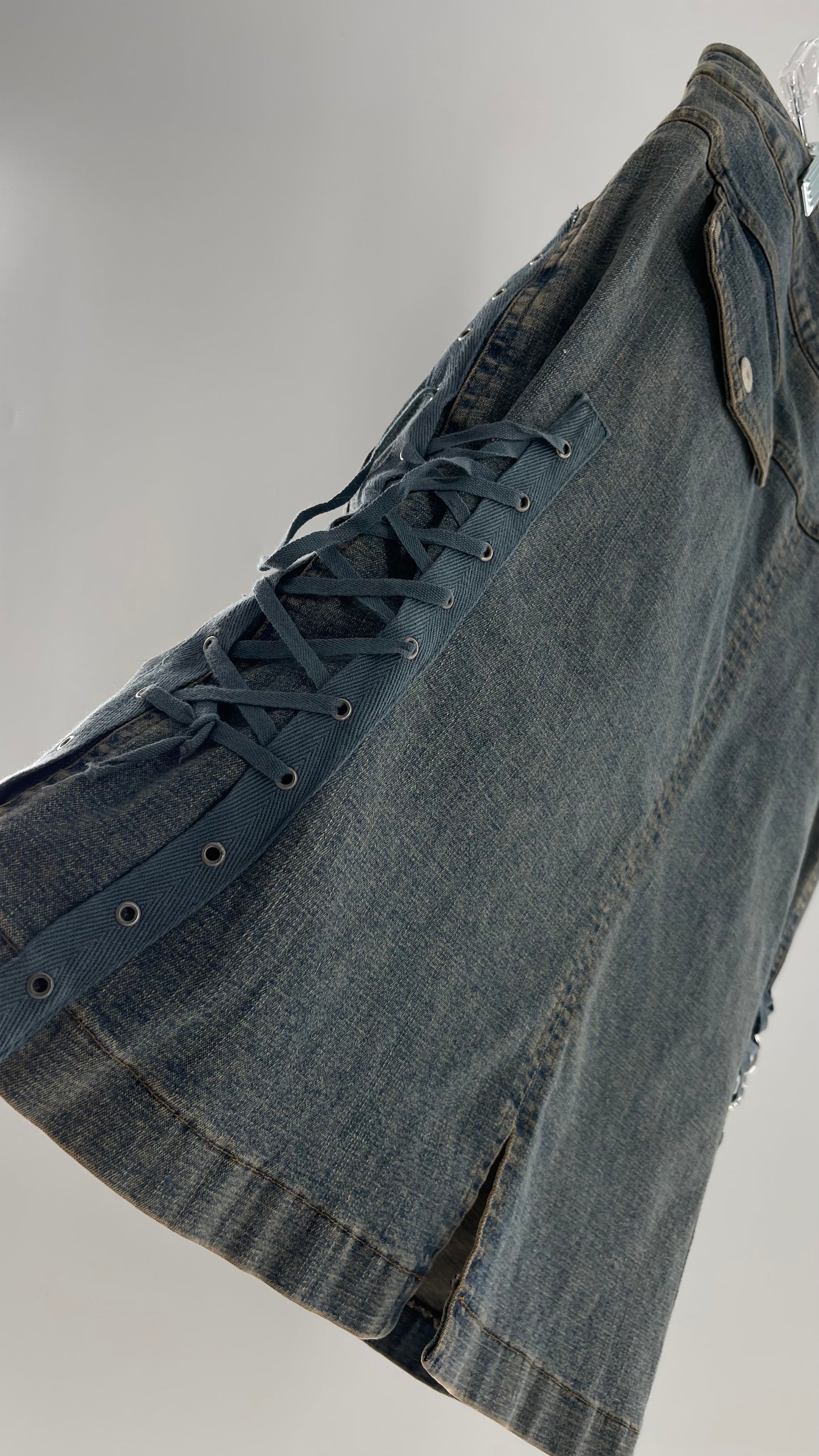 Vintage More Feminine w/o Limits Denim Skirt with Grommet Lace Up Sides and Fade (42)