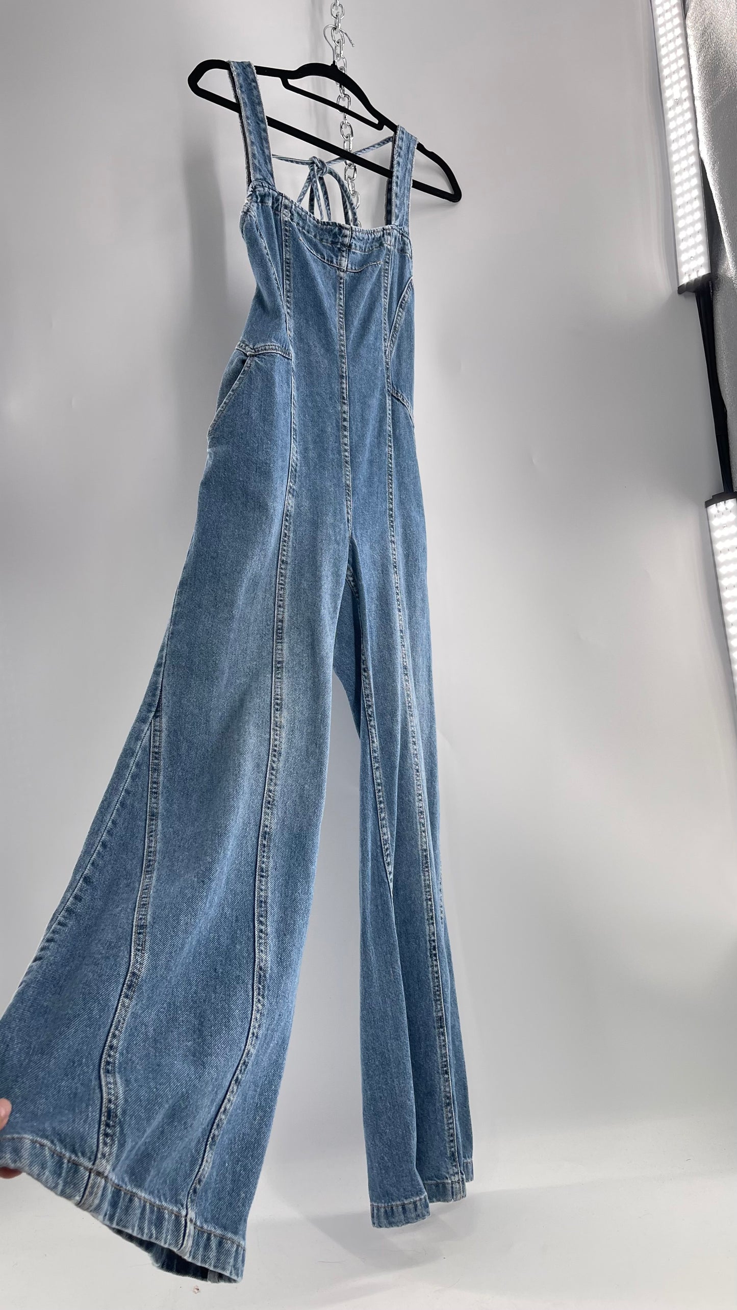 Free People Denim Backless Wide Leg Jumpsuit with Tags Attached (Small)