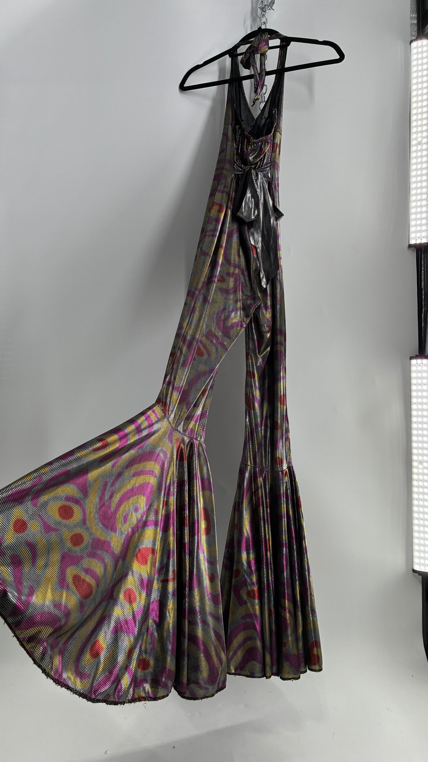 1970s Style Bell Bottom Psychedelic Metallic Jumpsuit with Waist Cinching Back Ties (S/M)