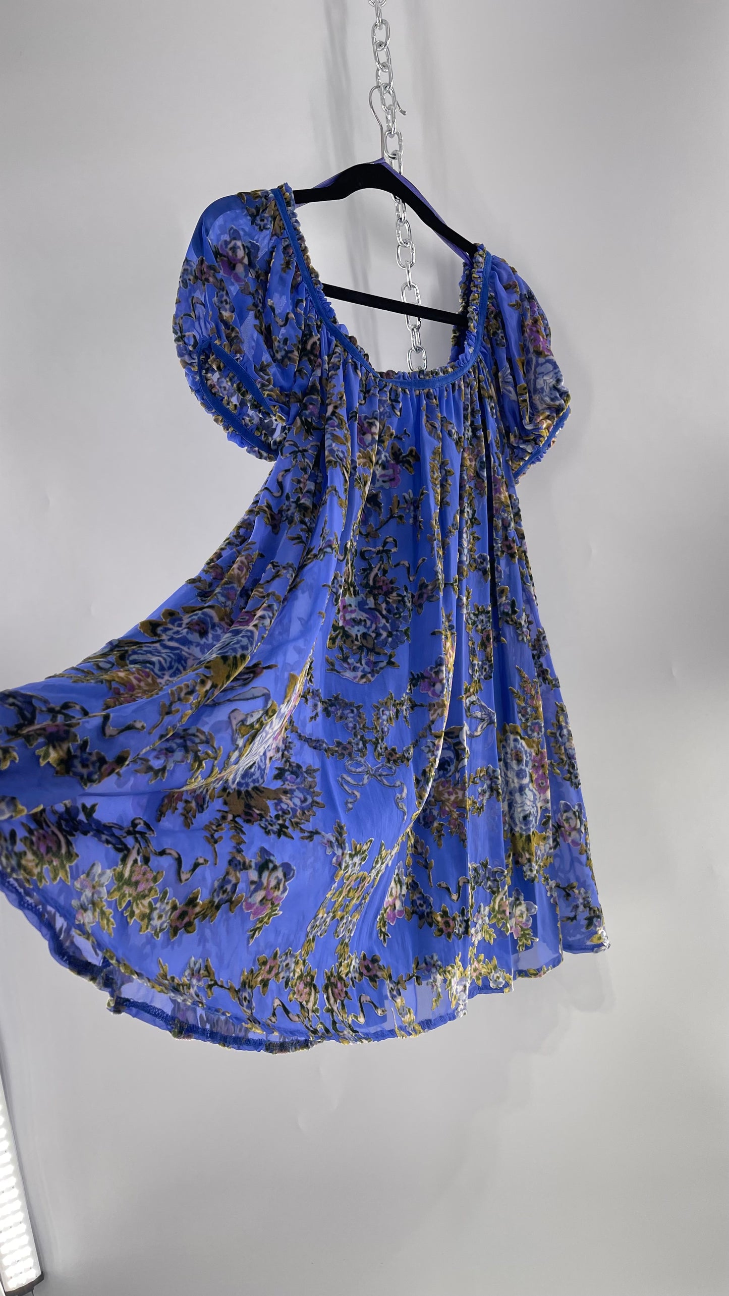 Free People Royal Blue Velvet Floral Babydoll Dress (Small)