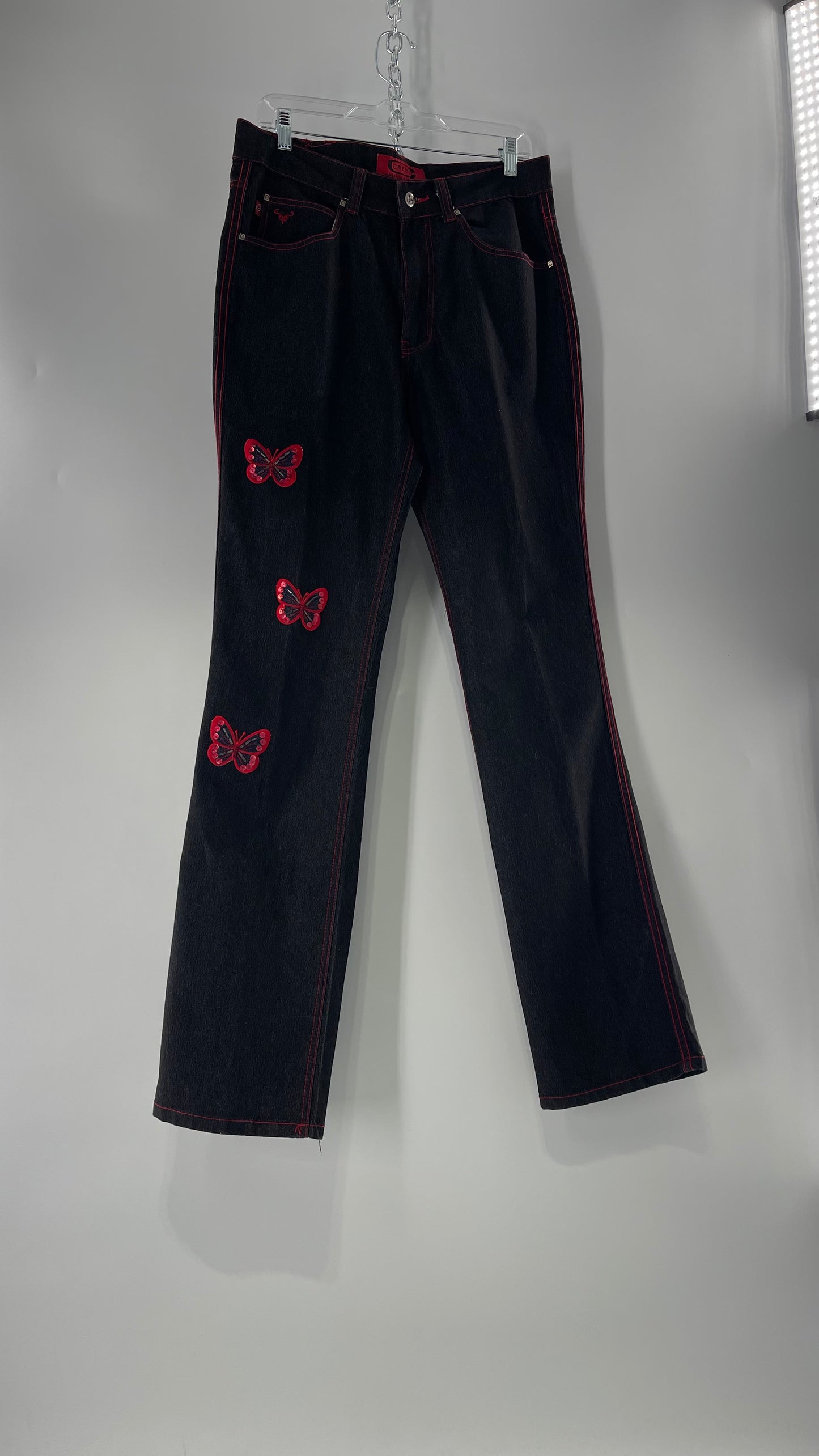 Rare Vintage Black Crest Jeans with Red Contrast Stitching and Butterfly Embroidery on Thigh and Back Pockets (14)