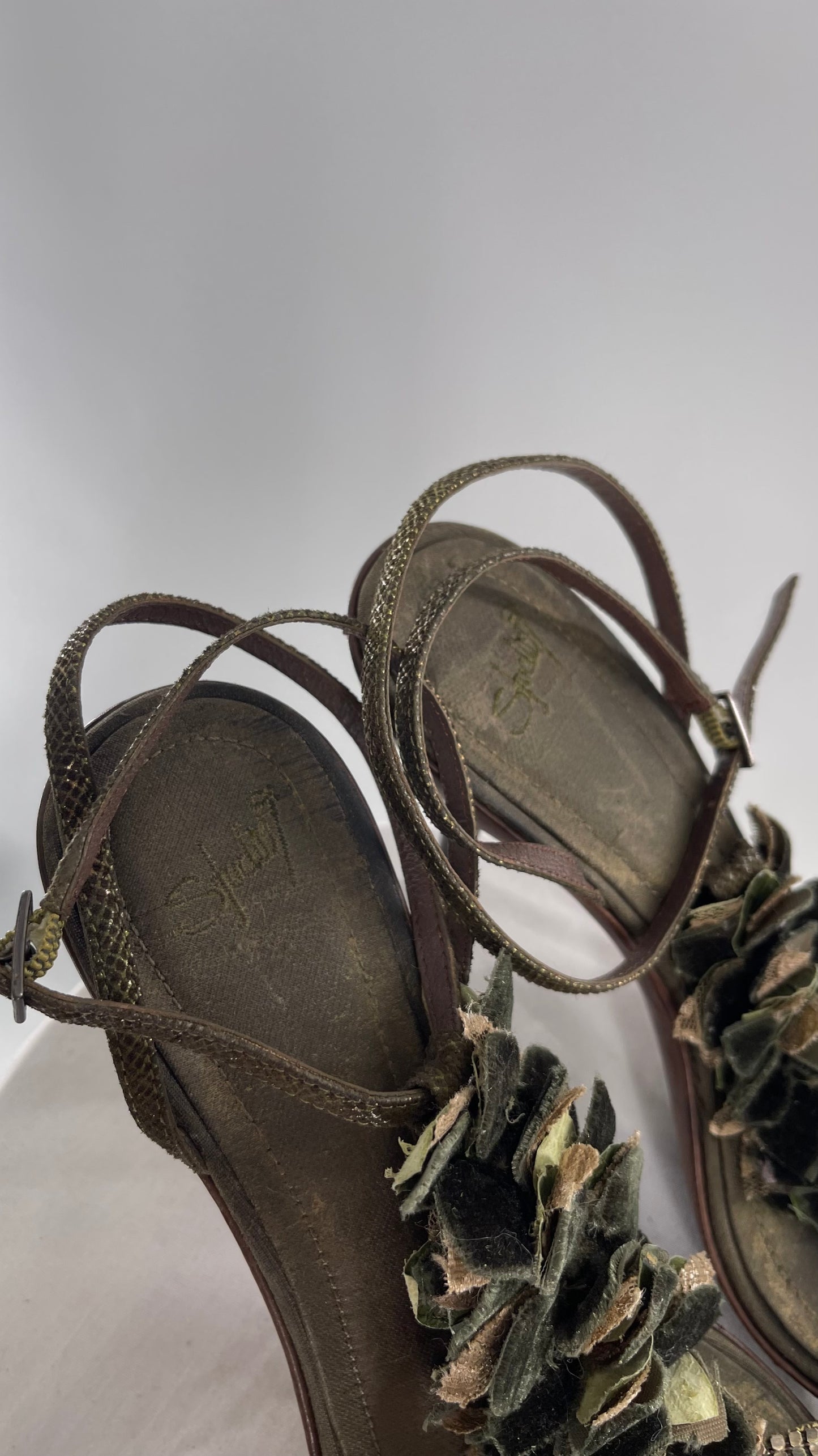Vintage 1990s Italian Studio Designer Heel Forest Nymph, Mixed Texture Rosette Detailing with Leather Straps and Sole (8.5)