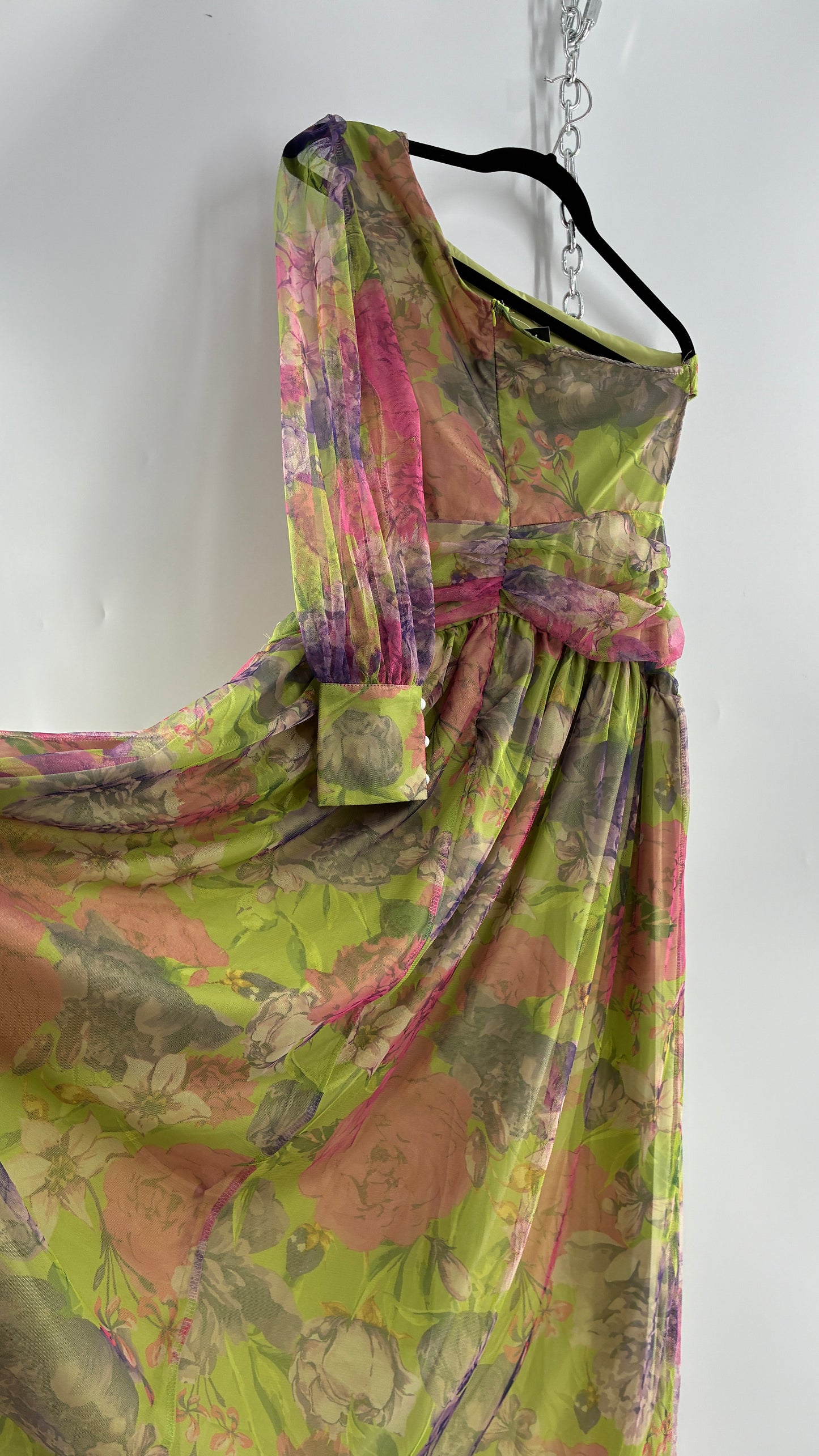 Vintage Open Waist Gown with Oversized Feathered Appliqué Rosette (Large)