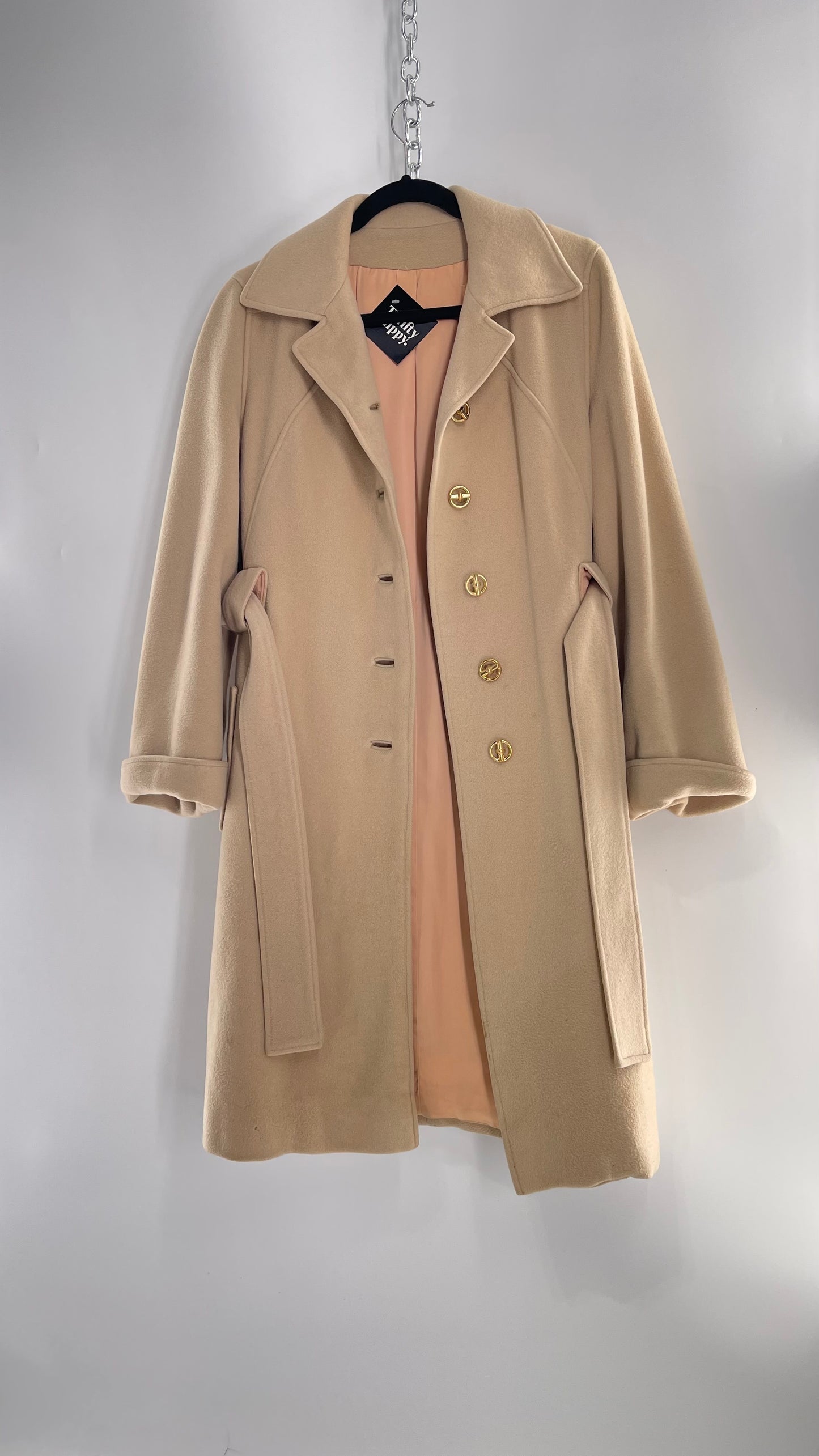 Vintage 100% Amicale Cashmere Beige Cream Coat with Apricot Satin Lining (C) (S/M)