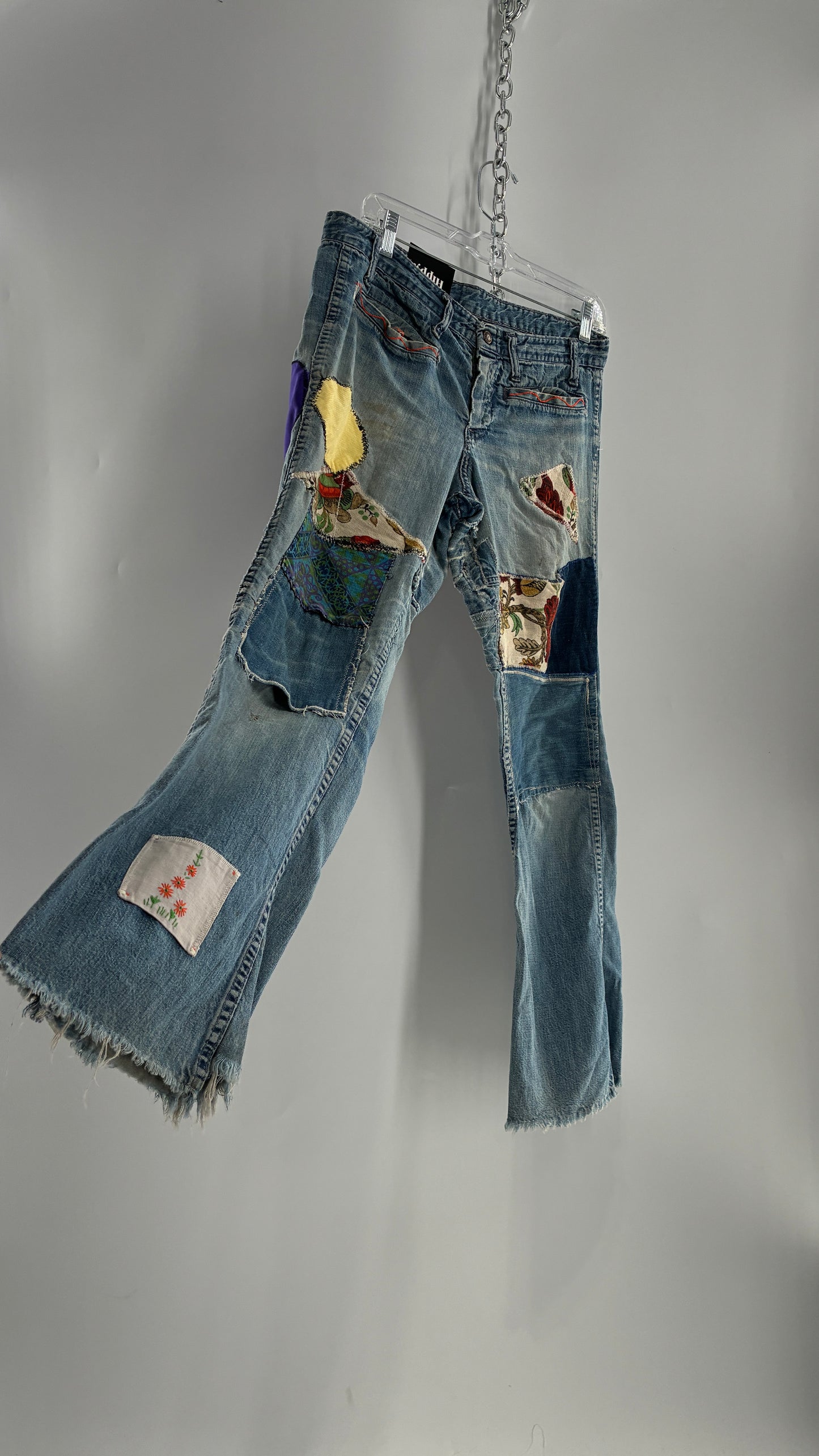 Vintage Rare 1970s Light Wash, Low Rise Boot Cut Jeans with Hand Stitched Tapestry Style Patches and Purple Heart on Bum (Measurements Below)