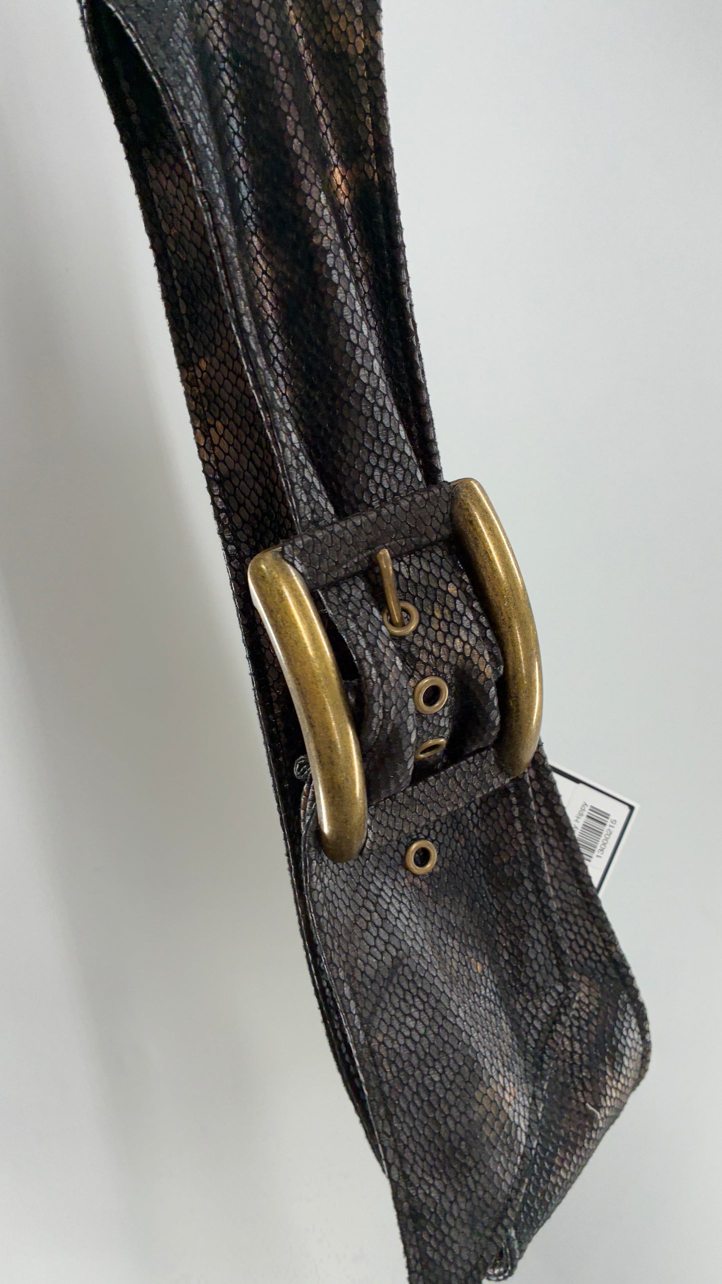 Vintage Snake Skin Patterned Wide Belt with Gold Brass Oversized Buckle (Large)