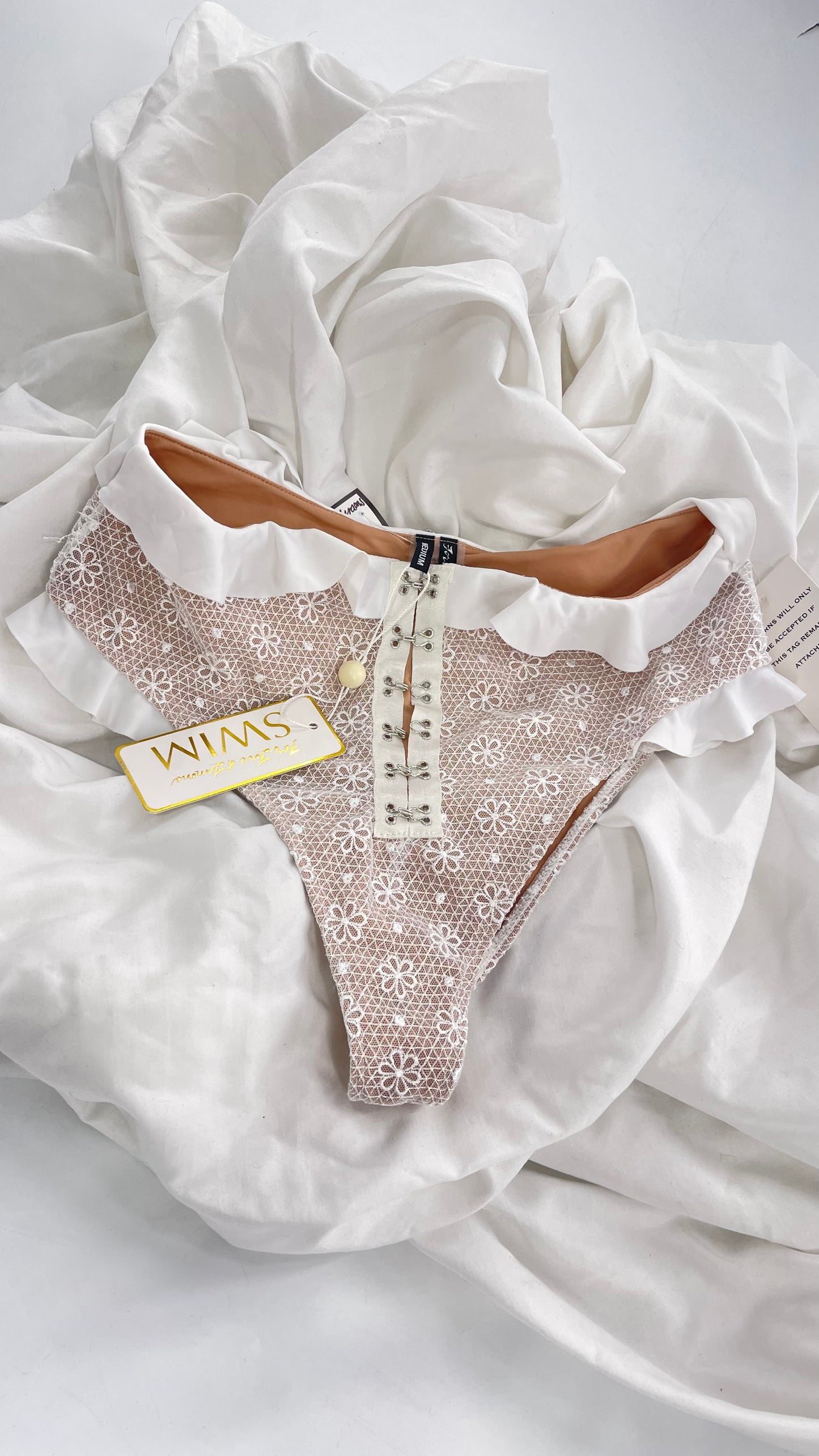 For Love & Lemons White Lace High Waisted Swim Bottoms with Tags Attached (Medium)