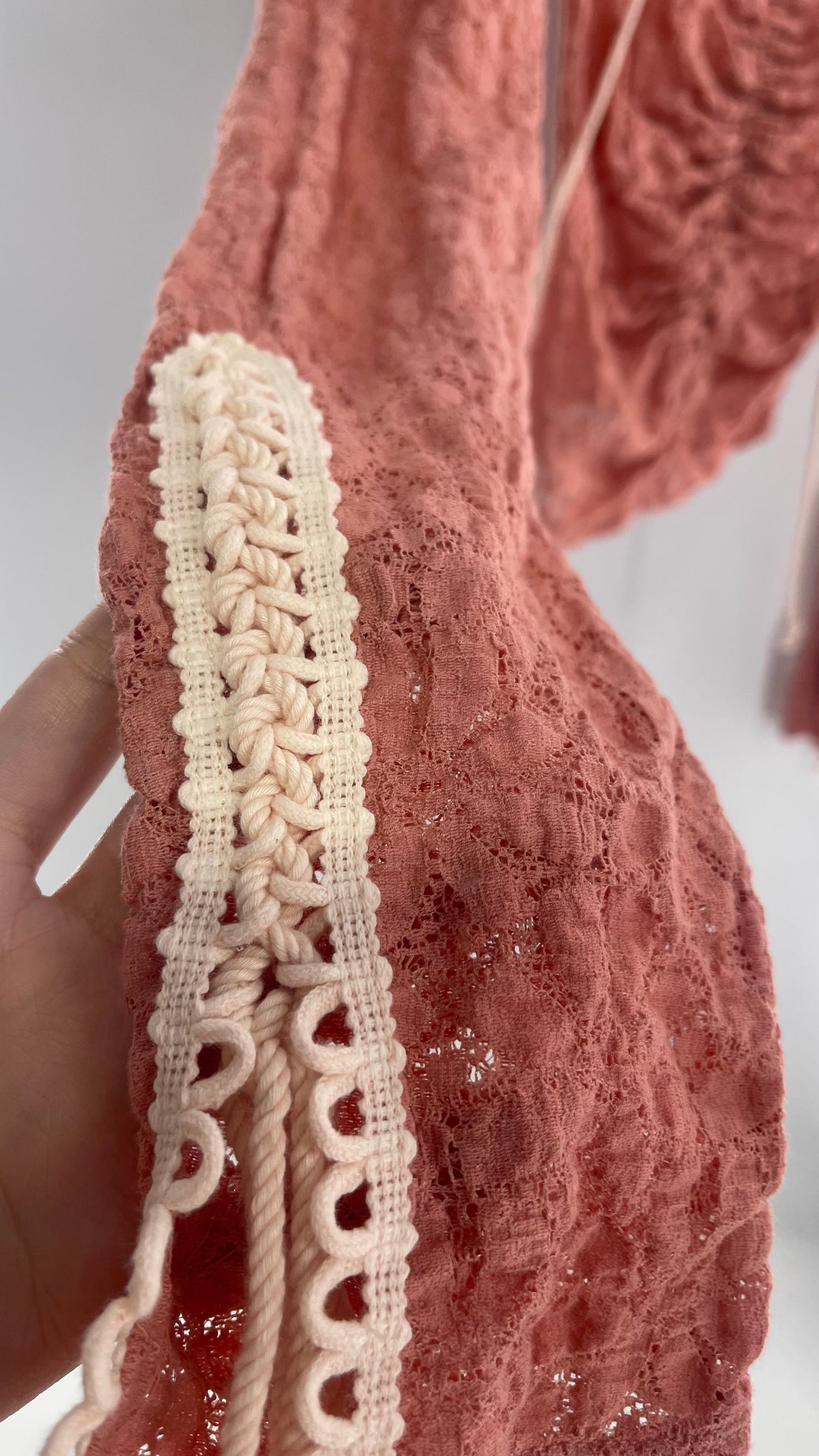 Free People Pink Lace Long Sleeve with Beige Lace Up Sleeve Detail (XS)