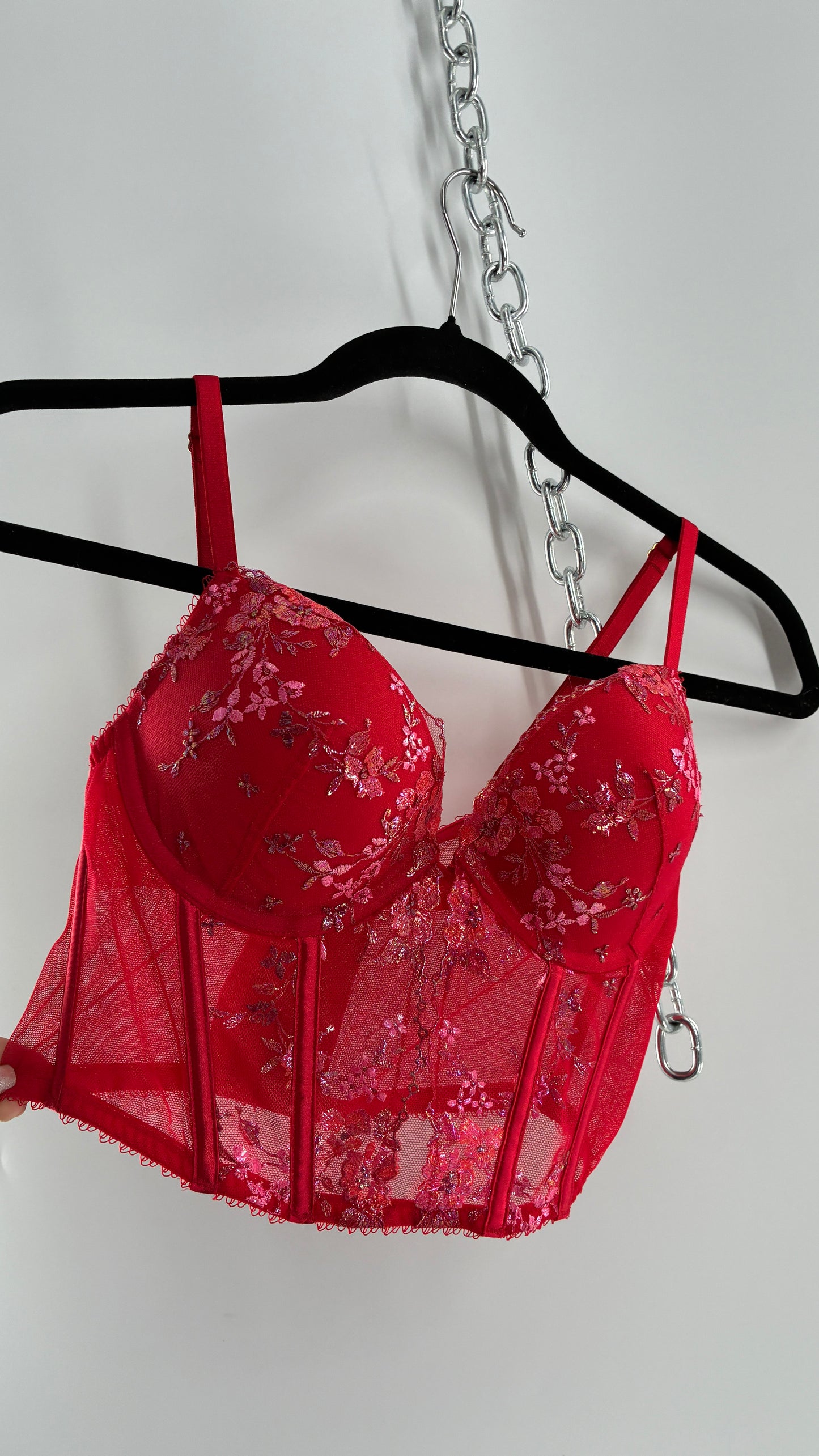 Vintage Red Corset with Iridescent Floral Lace and Padded Bust (32C/Small)