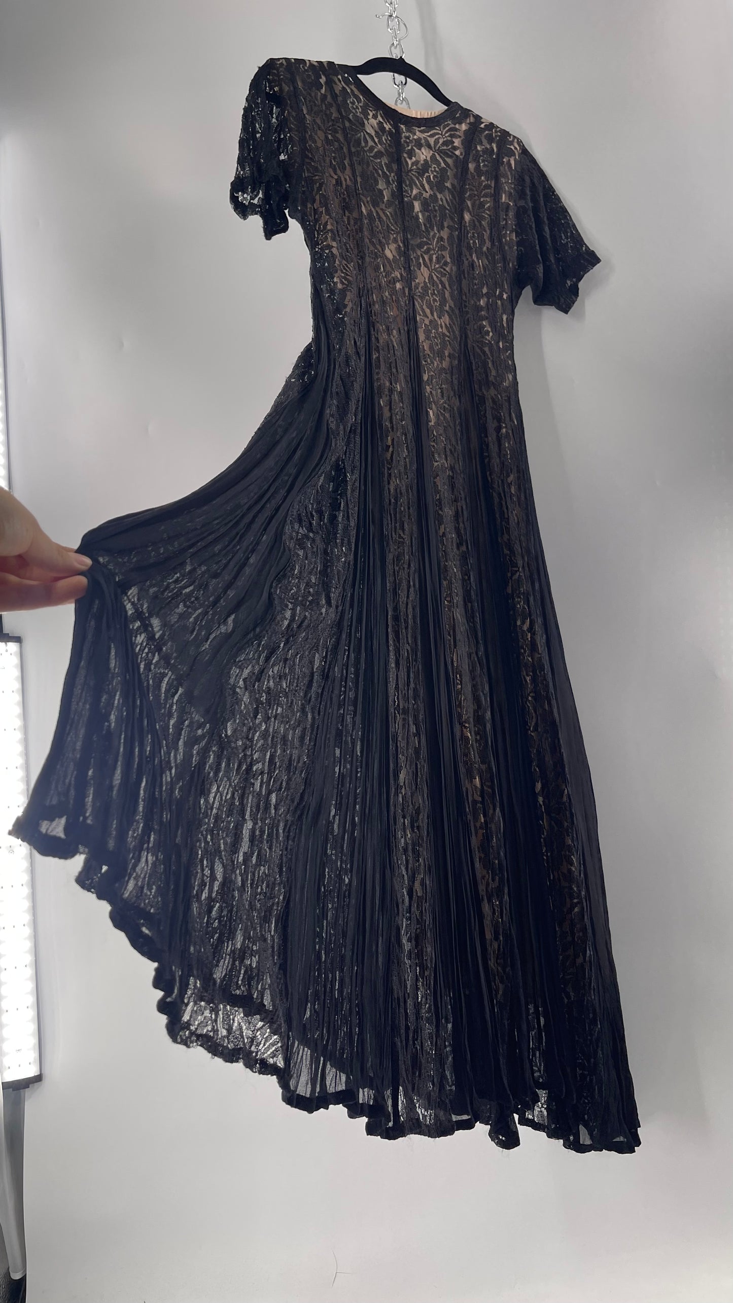 Nostalgia Vintage Black Lace Gown with Pleated Vents and Beige Underlay (Small)