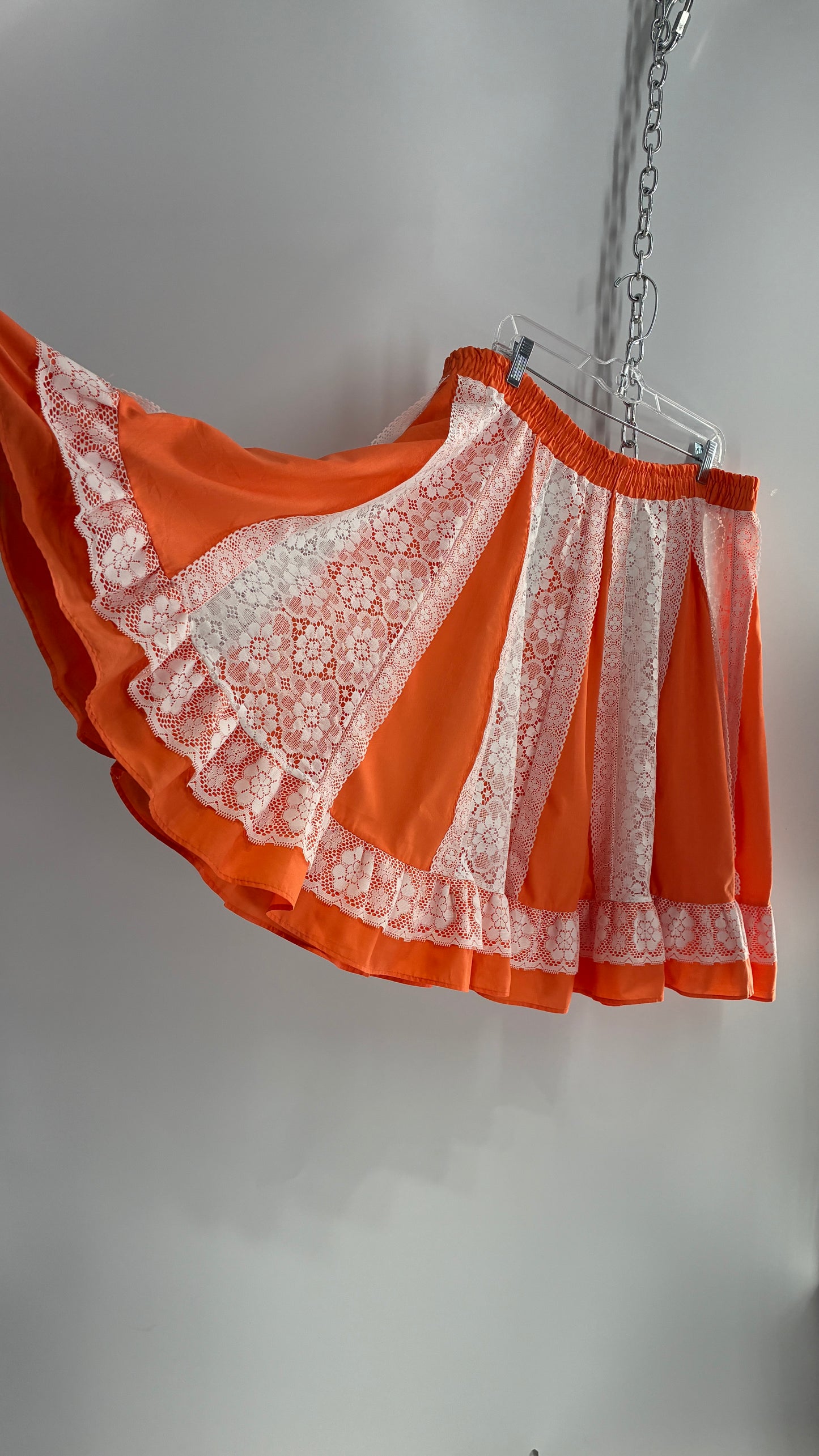 Vintage 1970s Handmade Sheer Lace Paneled Orange Mini Skirt (XL)
