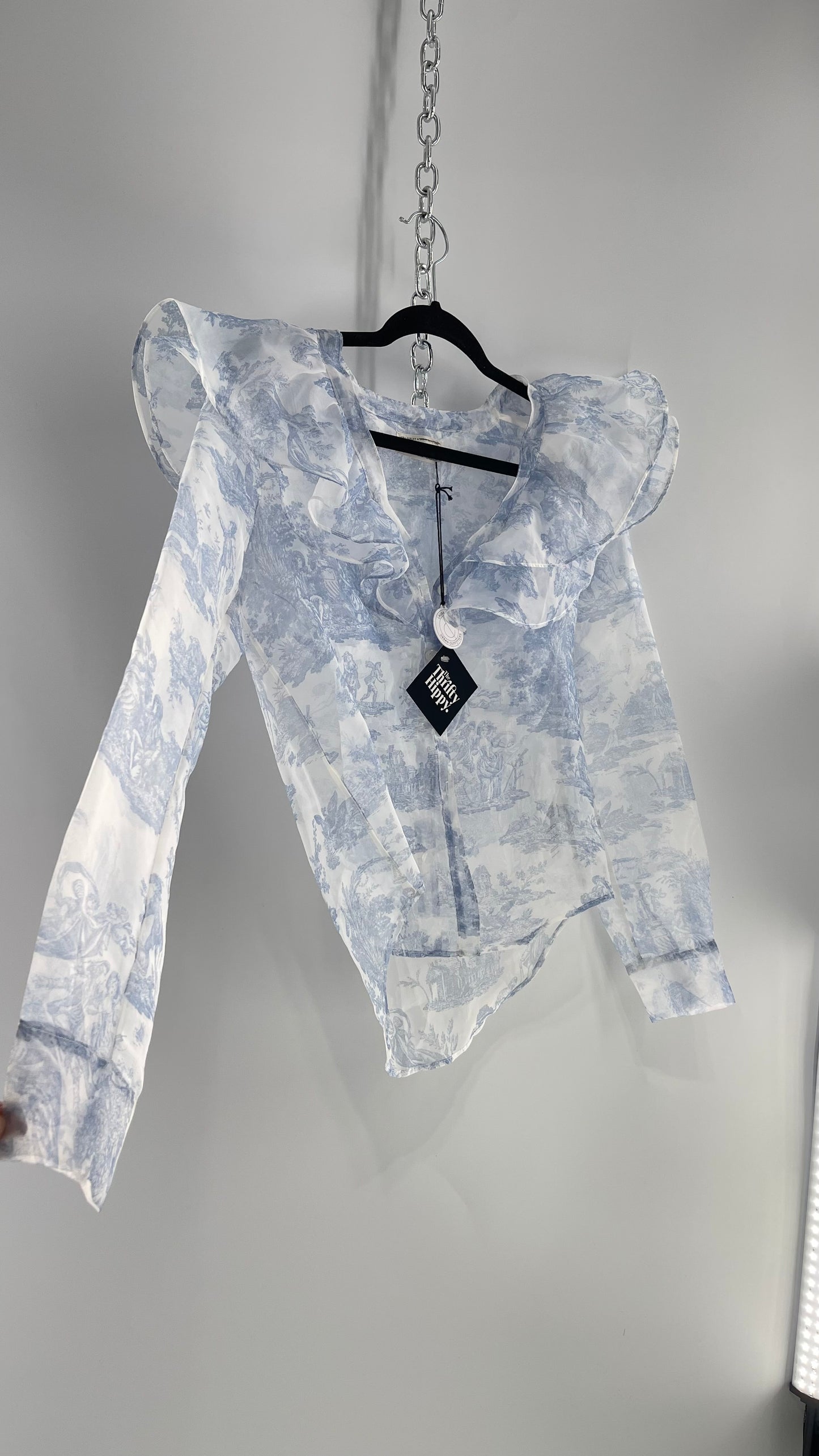 Laura Ashley Urban Outfitters Voile Sheer Ruffled Shoulder Button Up with Blue Vintage Print (XS)