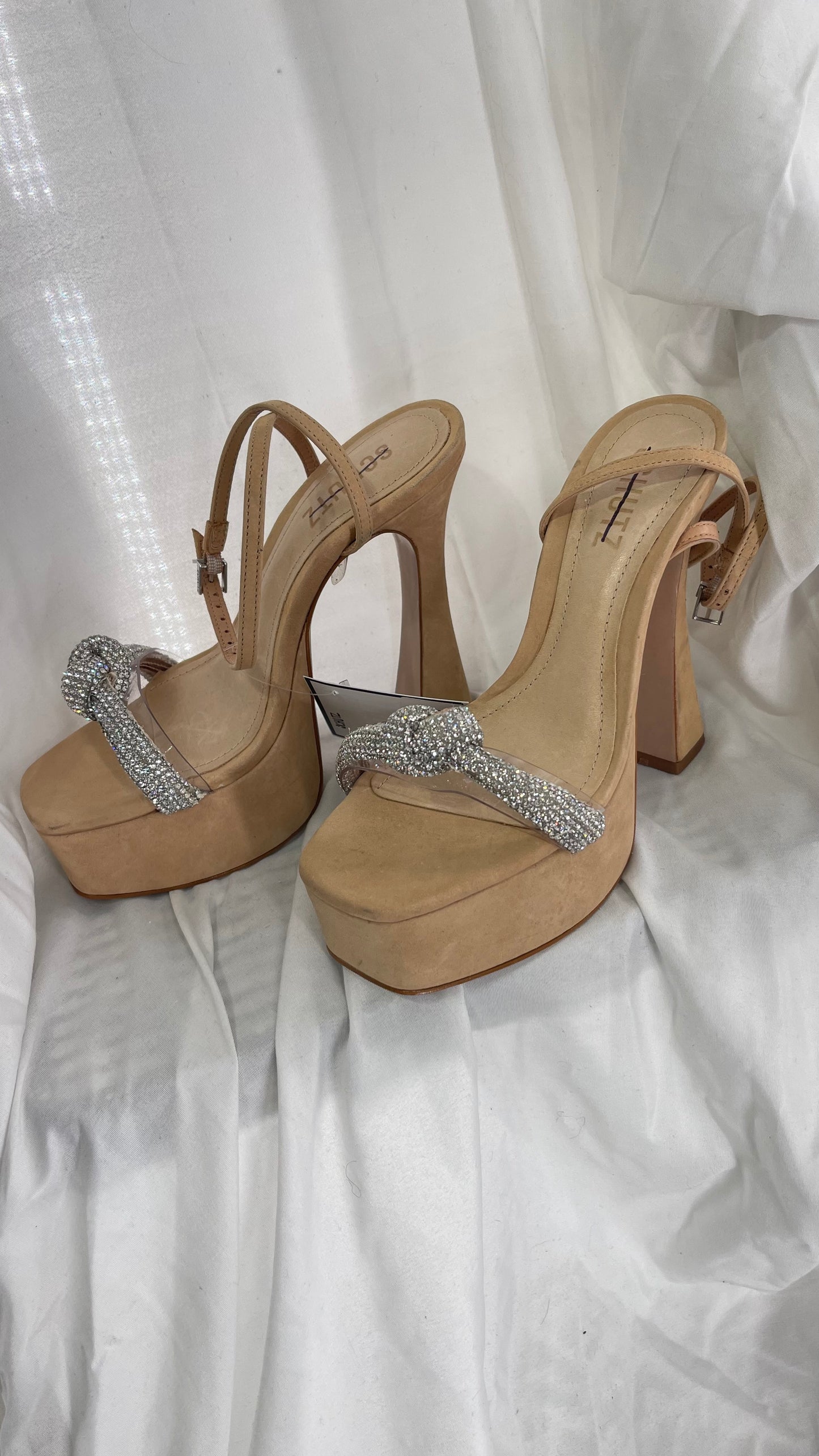 SCHÜTZ Peaky Beige/Tan/Nude Platform Heel with Funky Heel and Clear Knot Rhinestone Toe Strap (6)