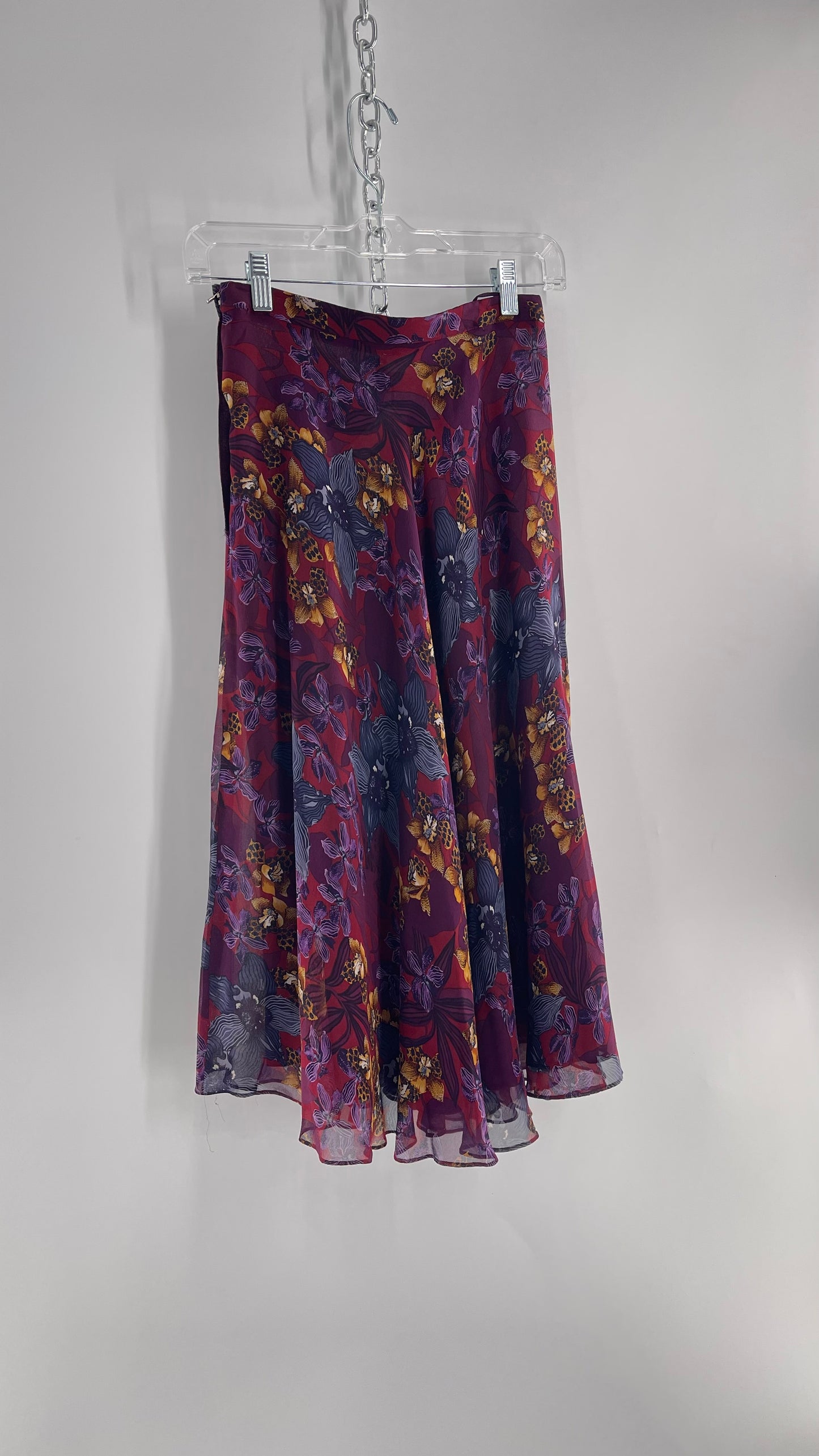 Vintage 100% Silk Burgundy Tropical Skirt with Leopard Florals (4)