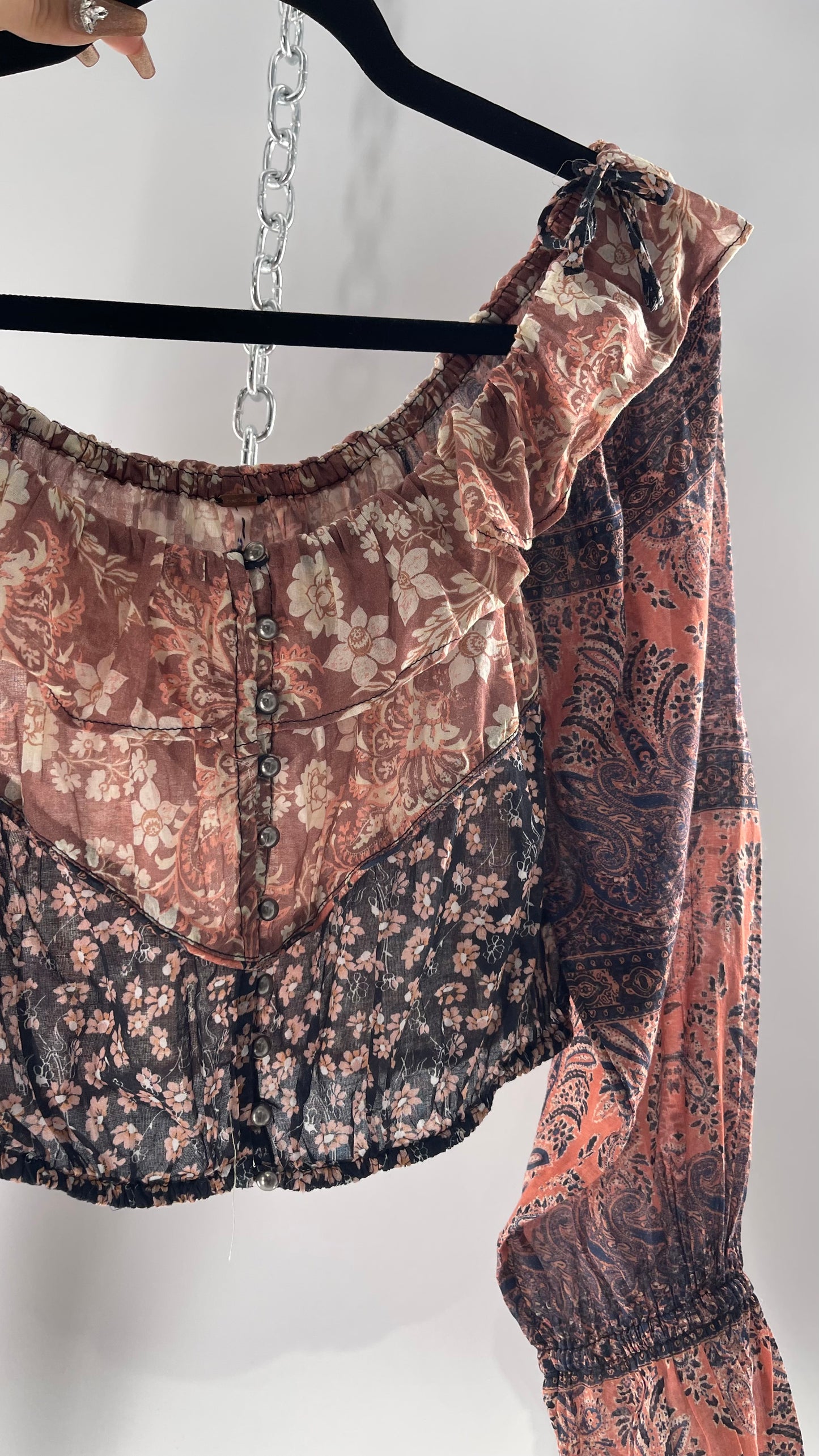 Free People Cotton Pink Blue Mixed Paisley Patterned Cropped Blouse with Bell Sleeves, Button Front and Ruffled Neckline with Bow Tie Detail (XS)