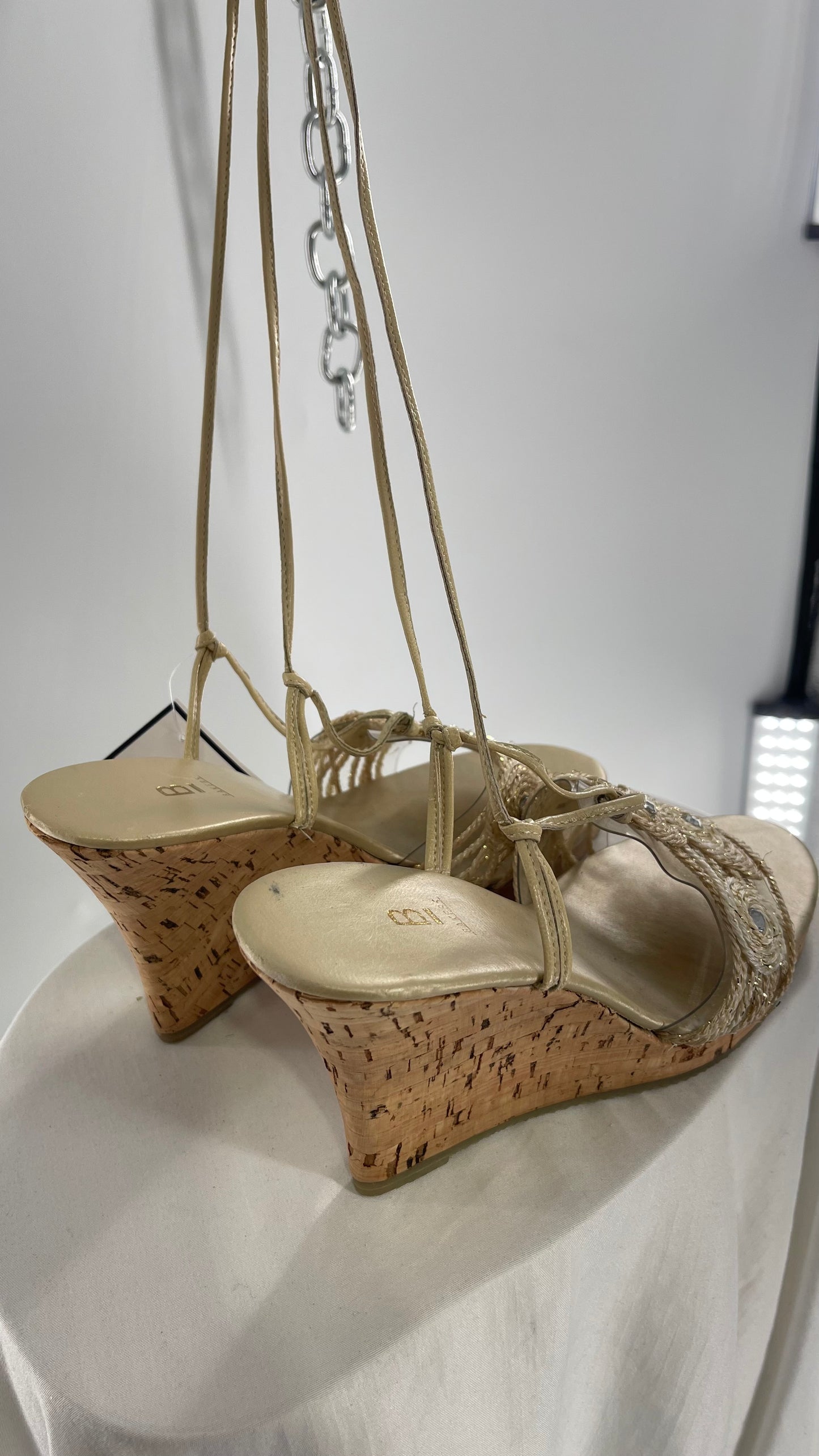Vintage Bakers Cork Wedge Strappy Neutral Bedazzled Heel (8)