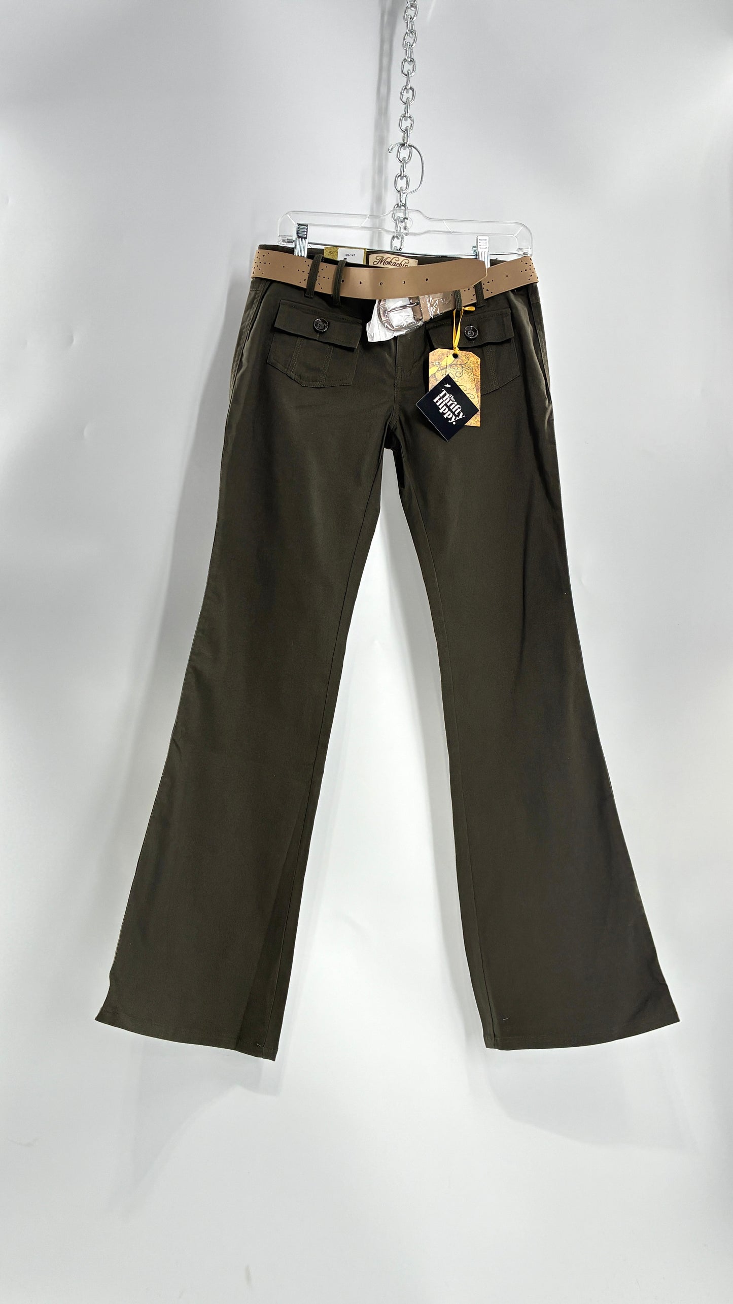 Deadstock Vintage MOKACHINO Olive Green Low Rise Kickflares with Hip/Bum Pockets and Built in Belt (7)