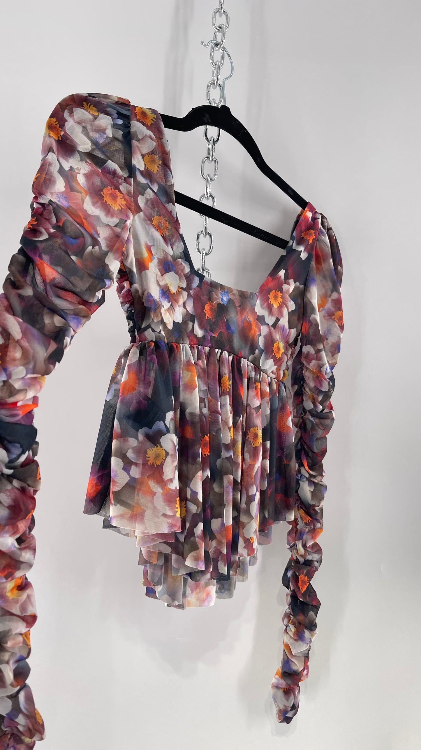 Urban Outfitters Psychedelic Floral Mesh Cropped Blouse with Ruched Sleeves and Pleated Hem (XS)