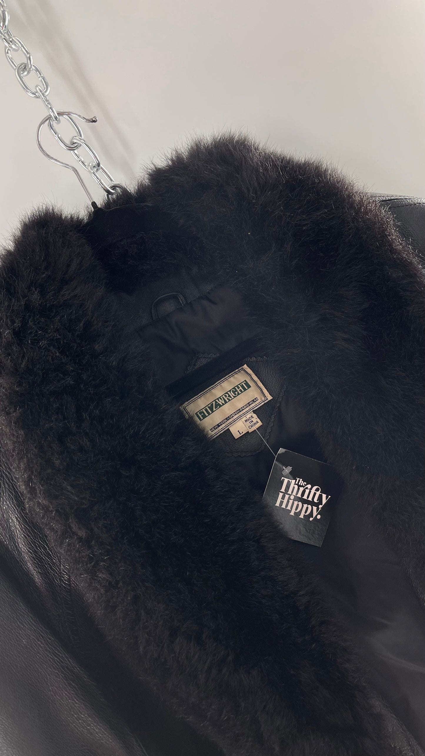 FITZWRIGHT Vintage Black Leather Coat with New Zealand Opposum Fur Collar and Faux Fur Belt (C)(Large)