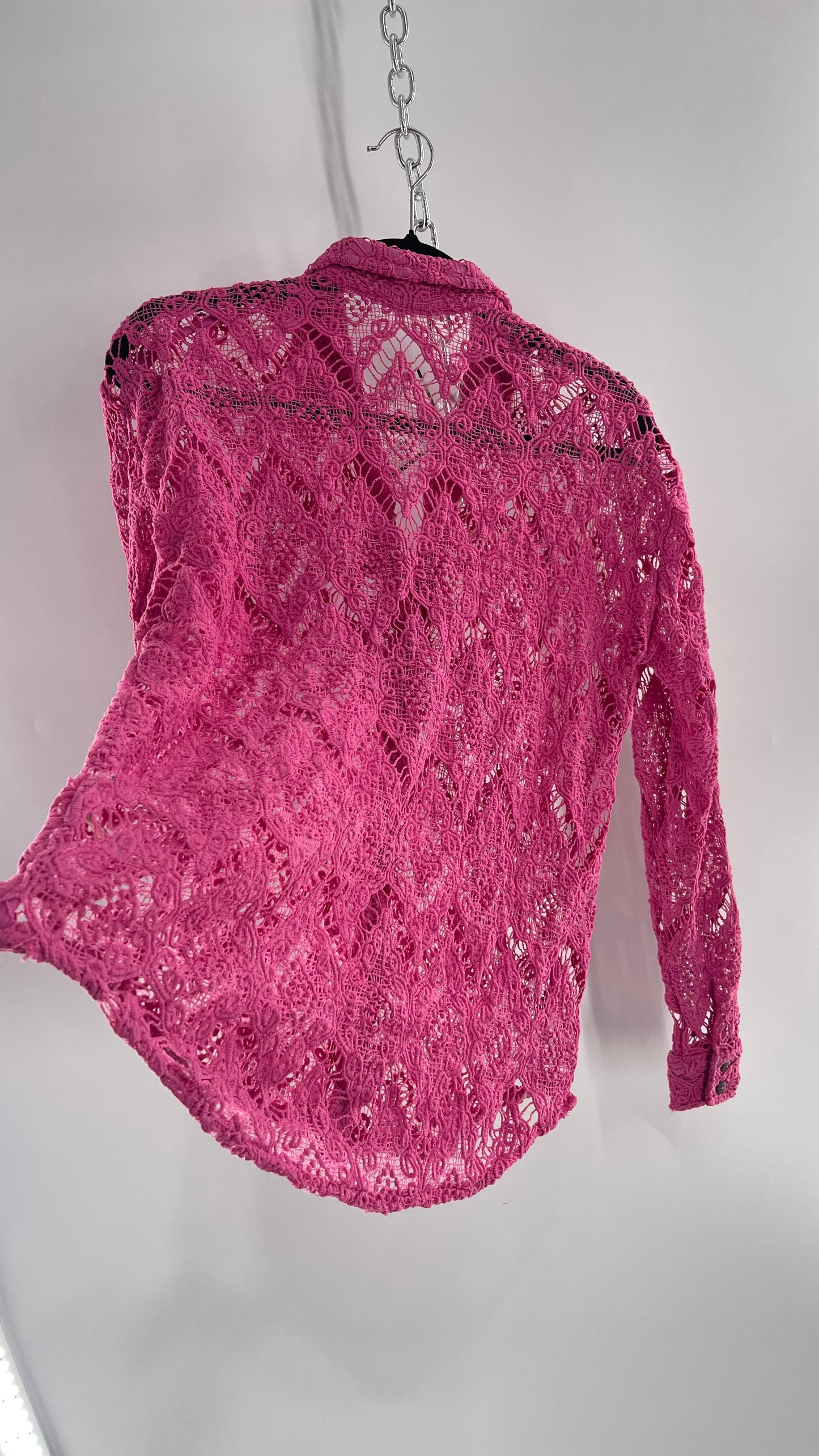 Free People Until Sunday Fuchsia Purple/ Pink Thick Lace Button Front Blouse with Coconut Buttons (XS)