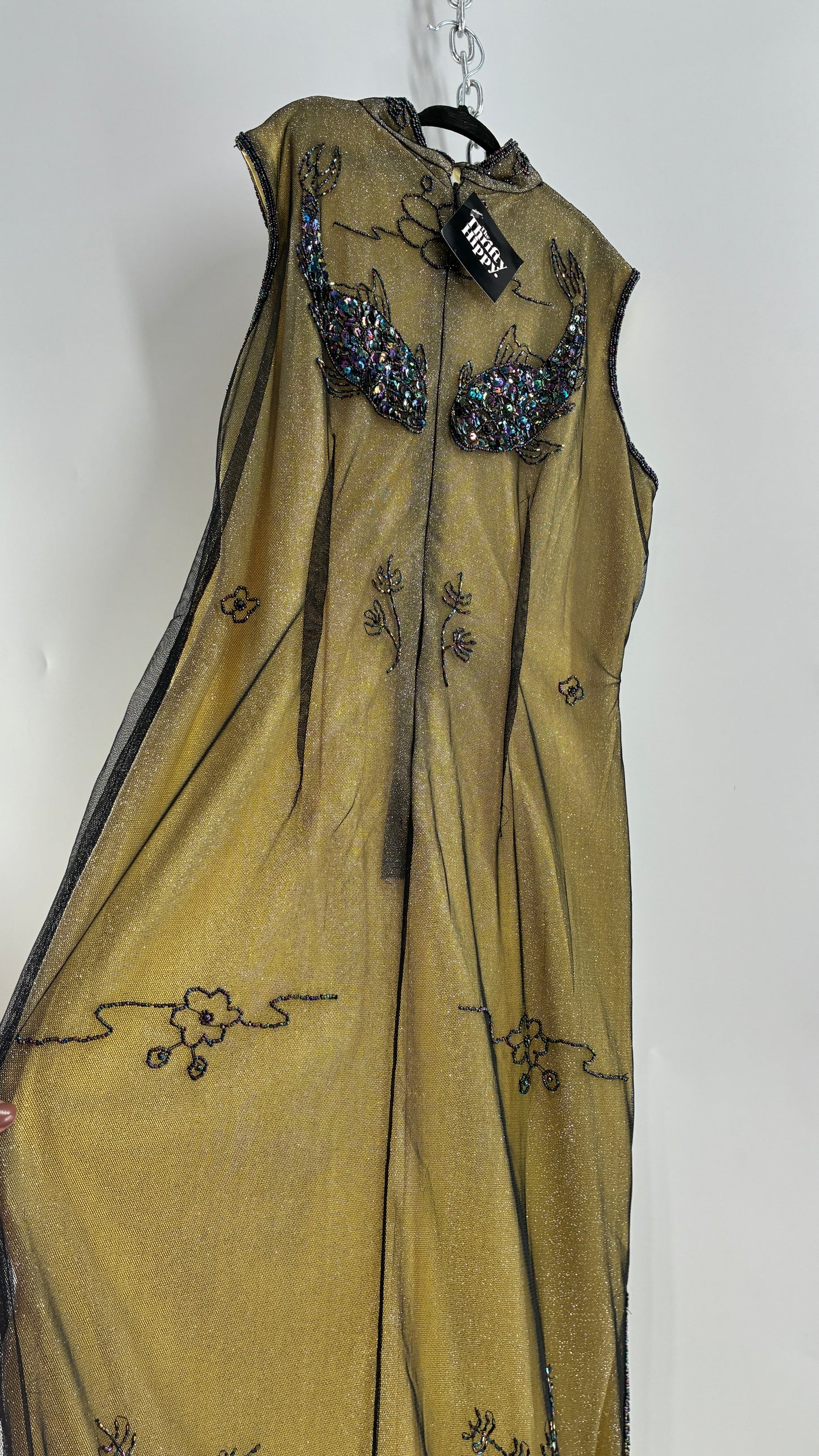 Vintage 1990s One of a Kind Handmade, Green Gown with Beaded Koi Fish, Metallic Tulle Overlay, and Symmetric Back (Medium)