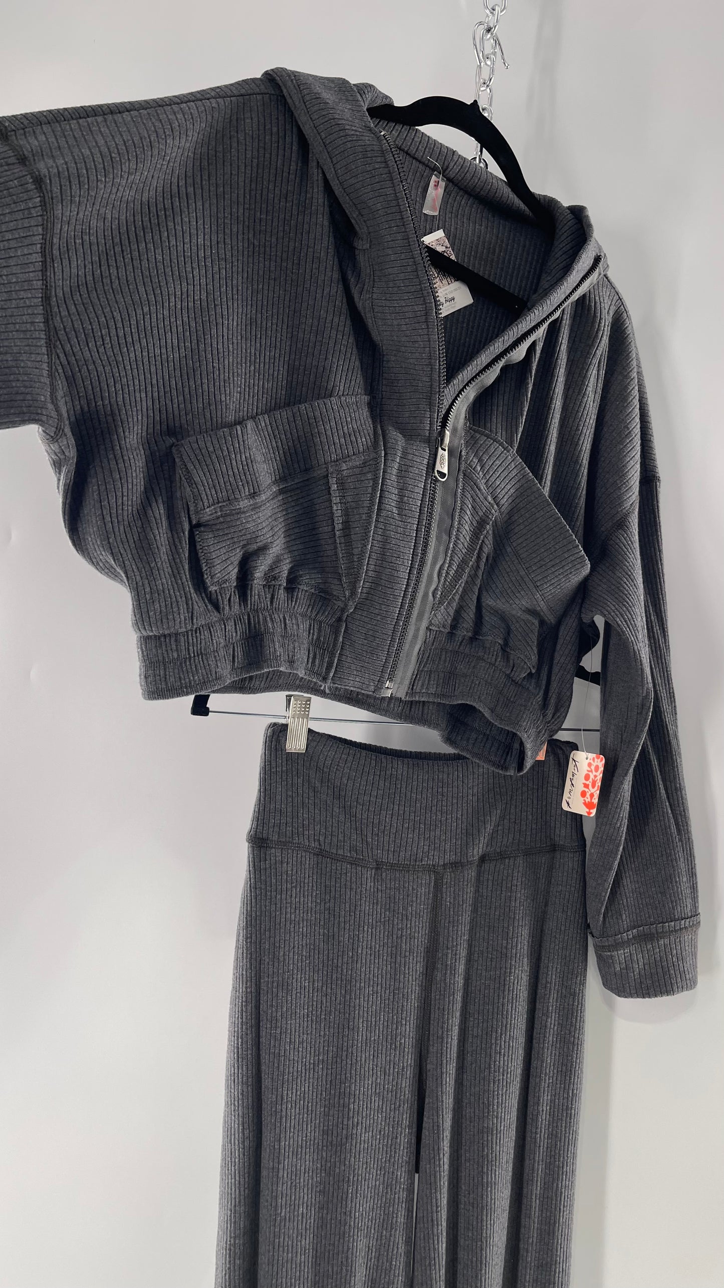 Free People Charcoal Slate Gray 2 Piece Set with Cropped Hoodie and Jogger Sweats with Tags Attached (XS)