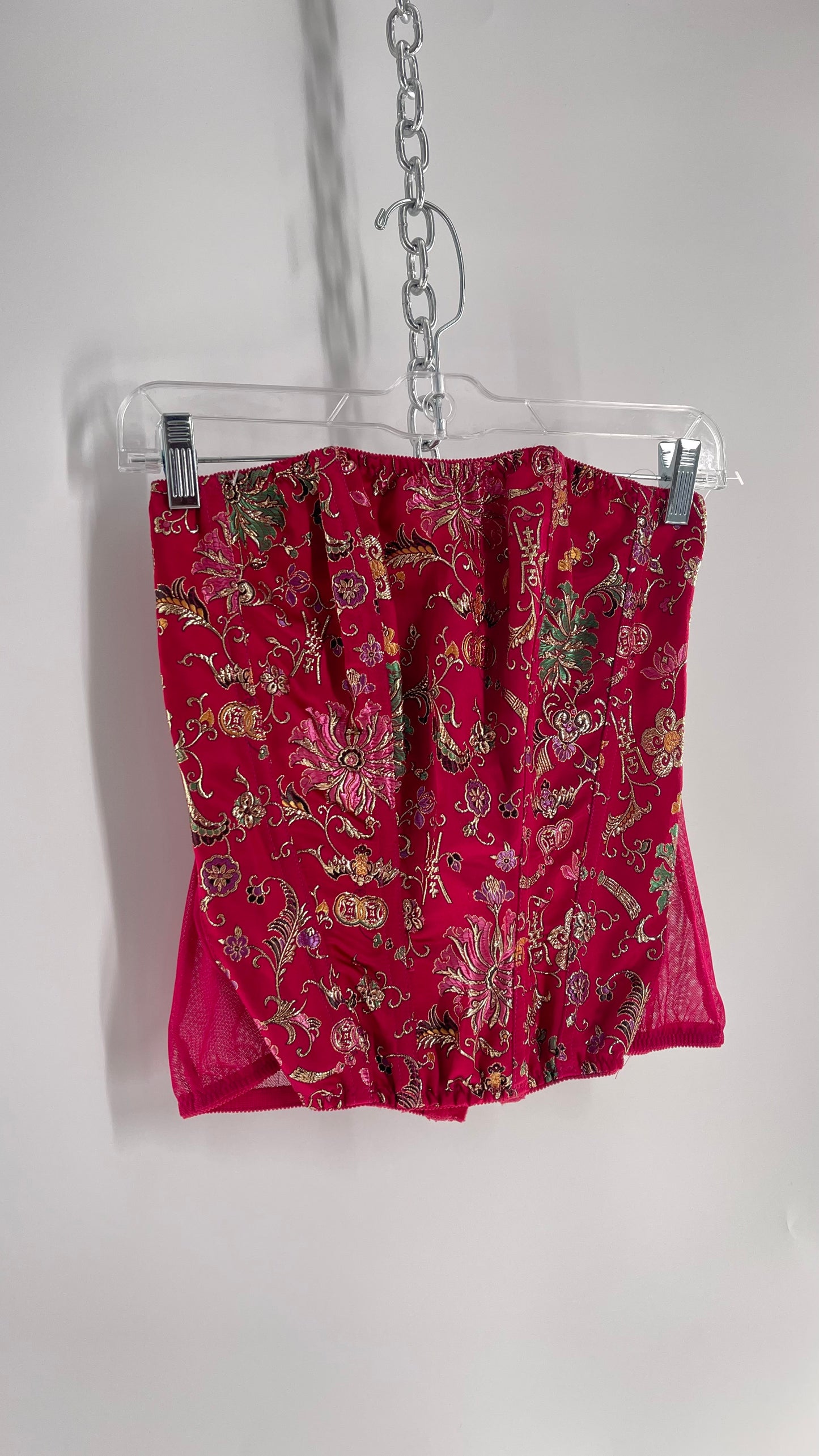 Vintage 1990s HOT Hot Pink Jacquard Metallic Boned Corset with Mesh Back and Hips (Small)