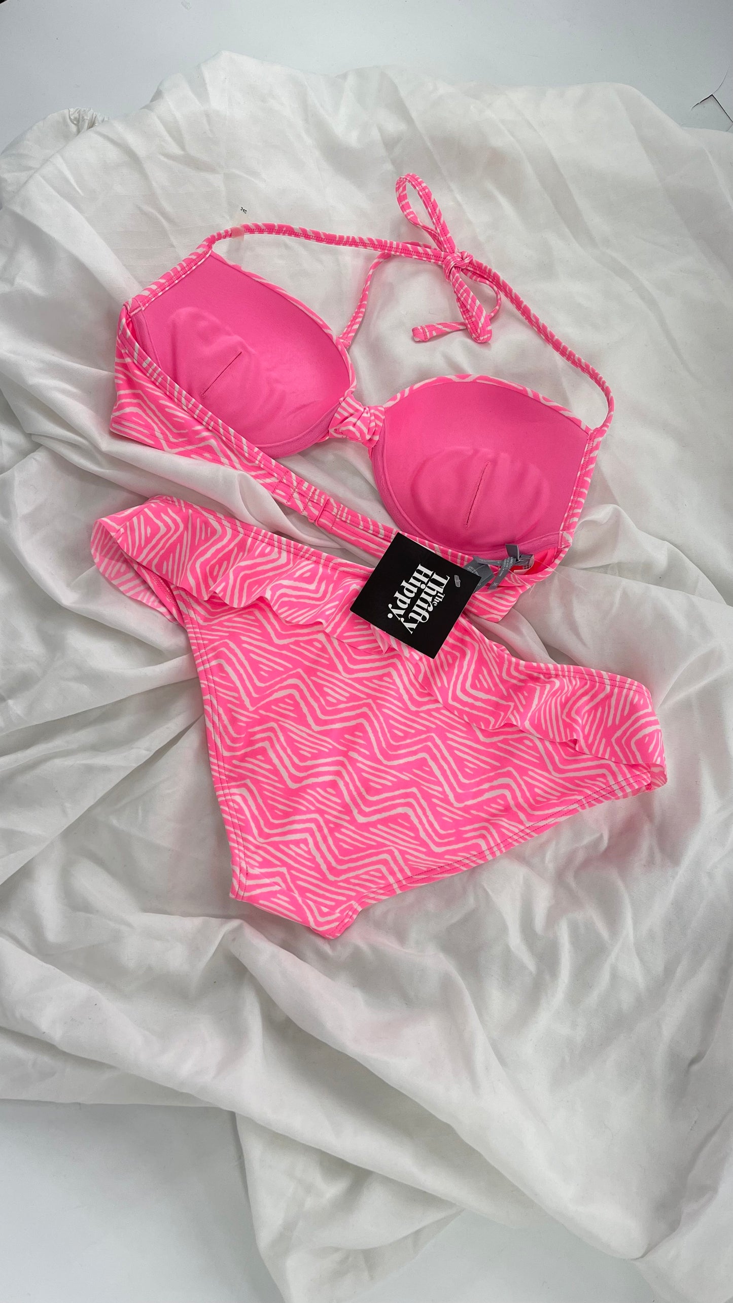 AERIE Pink Swim Set with Padded Underwire Top and Ruffled Bottoms (34C/M)