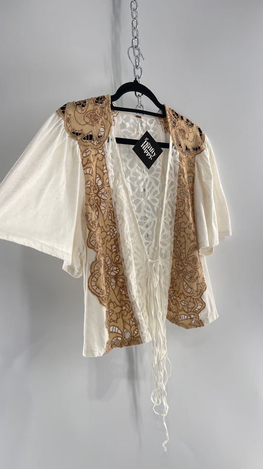 Free People Off White Woven Tie Front/Tie Around Too with Brown Eyelet Lace (Small)