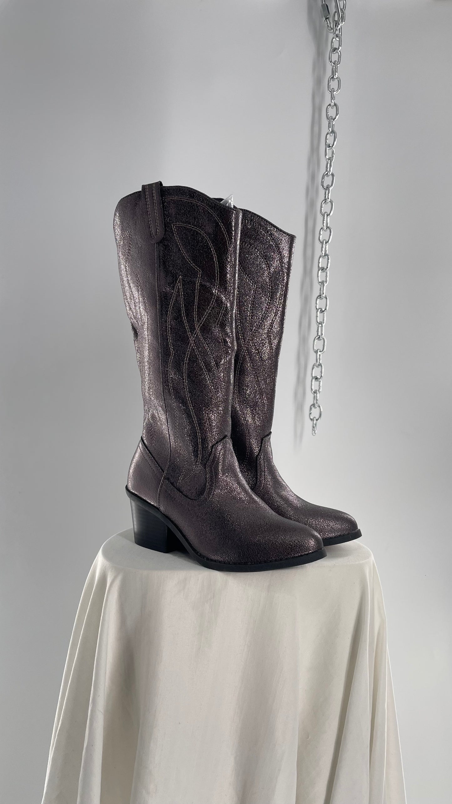 Vintage POP Metallic Silver Knee High Cowgirl Boots with Pointed Toe (6)