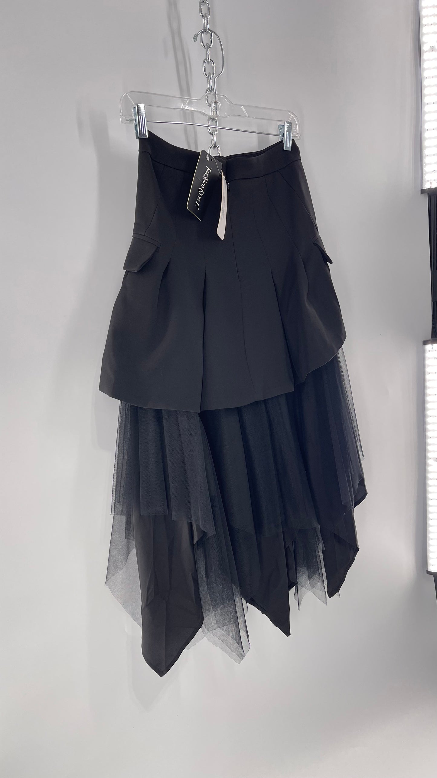 Two Twin Style Black Blazer Skirt with Mesh Tulle Layered Handkerchief Hem (S)