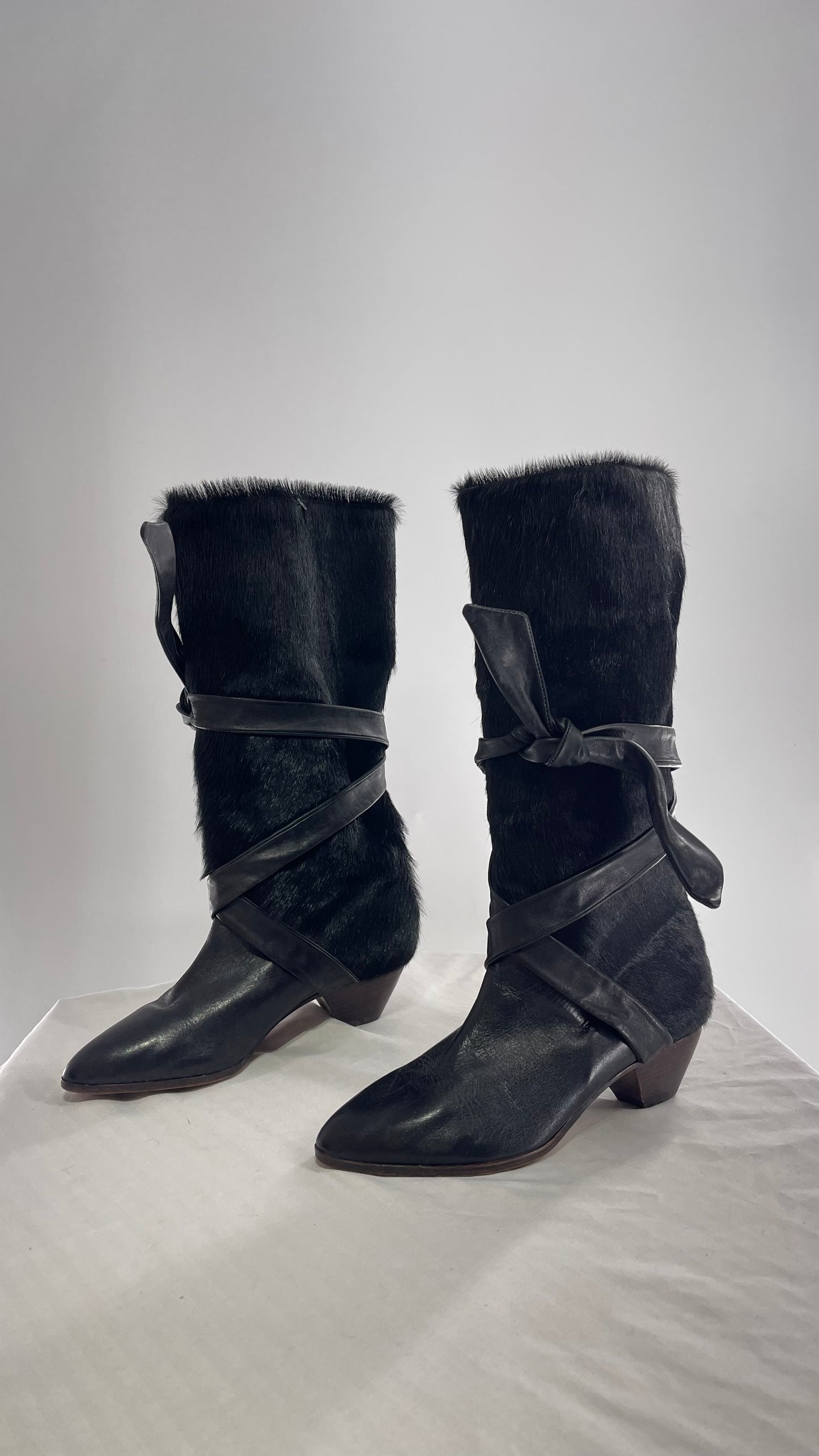 Vintage Nickels Black Italian Fur Boot with Leather Straps (7)