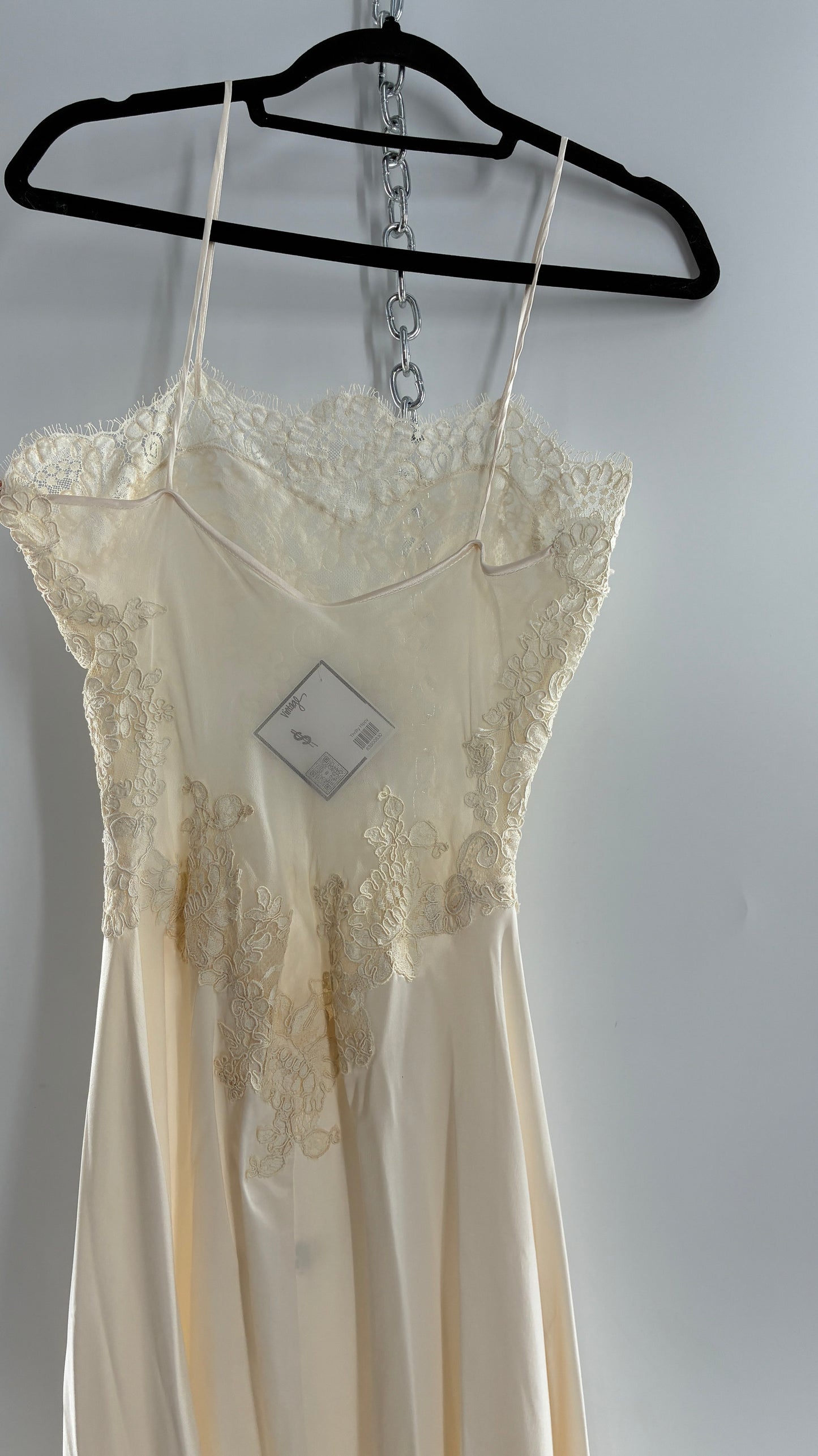 Vintage JONQUIL 100% Silk Gown with Heavy Lace Appliqués and Low Cut Sheer Back (Medium)