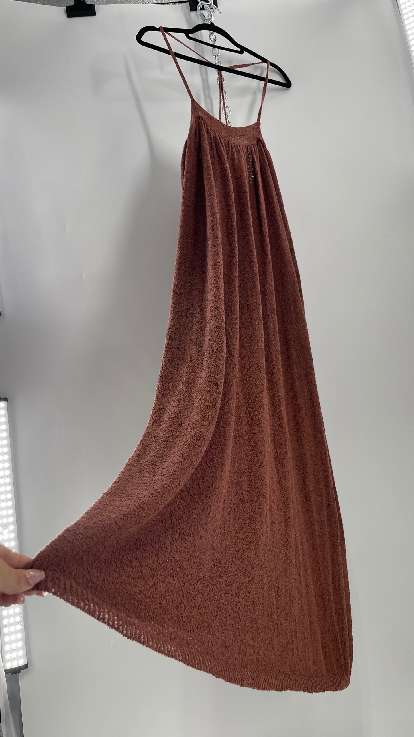 Free People Slinky Textured Brown Knit Full Length Dress (Small)