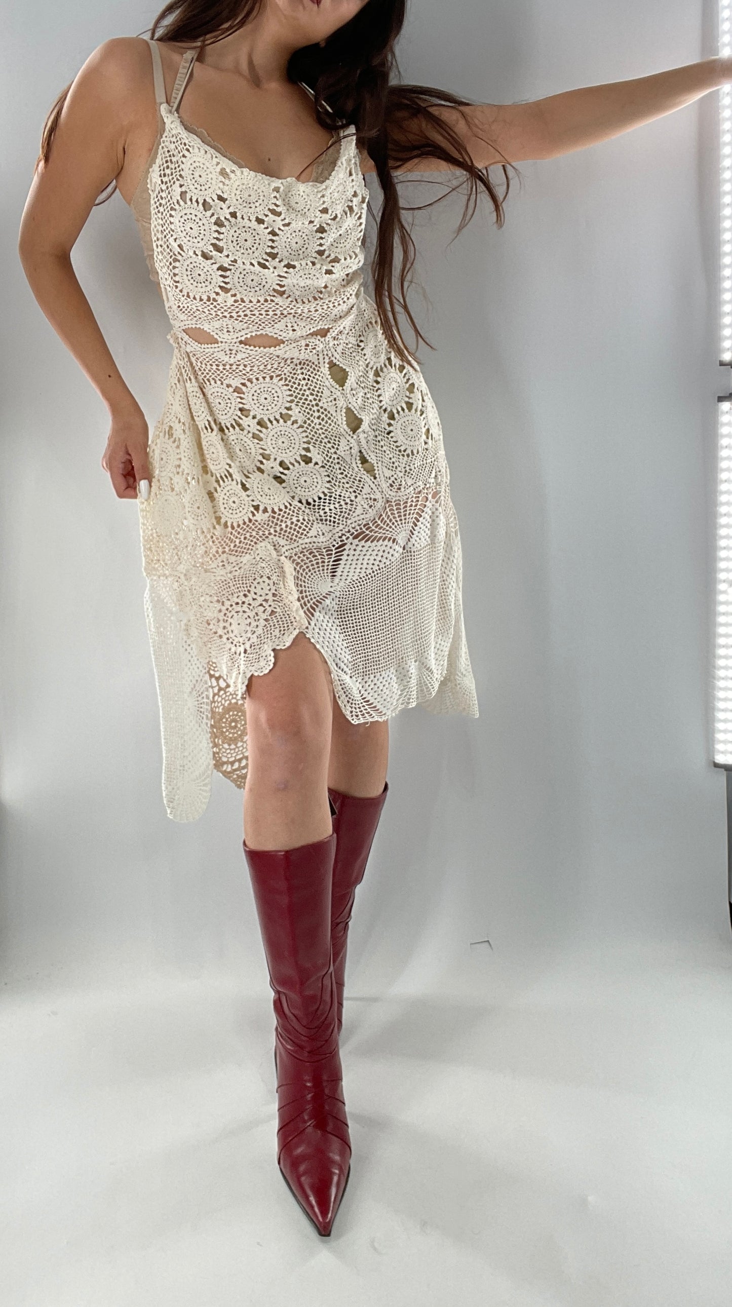 Vintage Handmade Crochet Cottage Adjustable Dress with Open, Low Back (One Size)