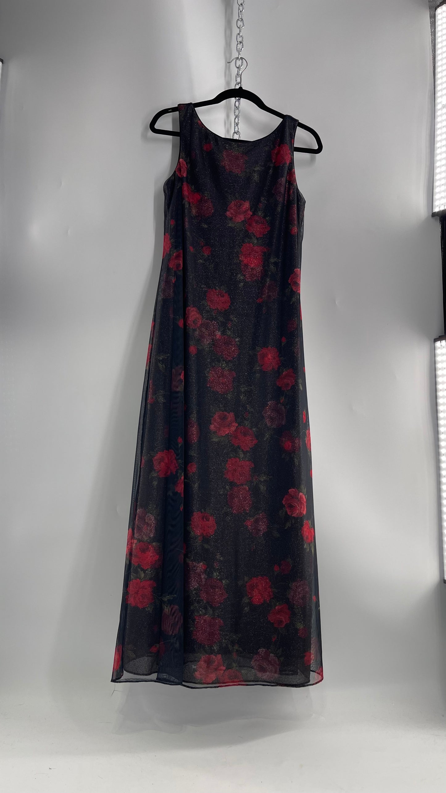 Vintage TEDDI EVENING Dress with Red Rose Layer Over Glitter Graphic and Black Base Layer (10)