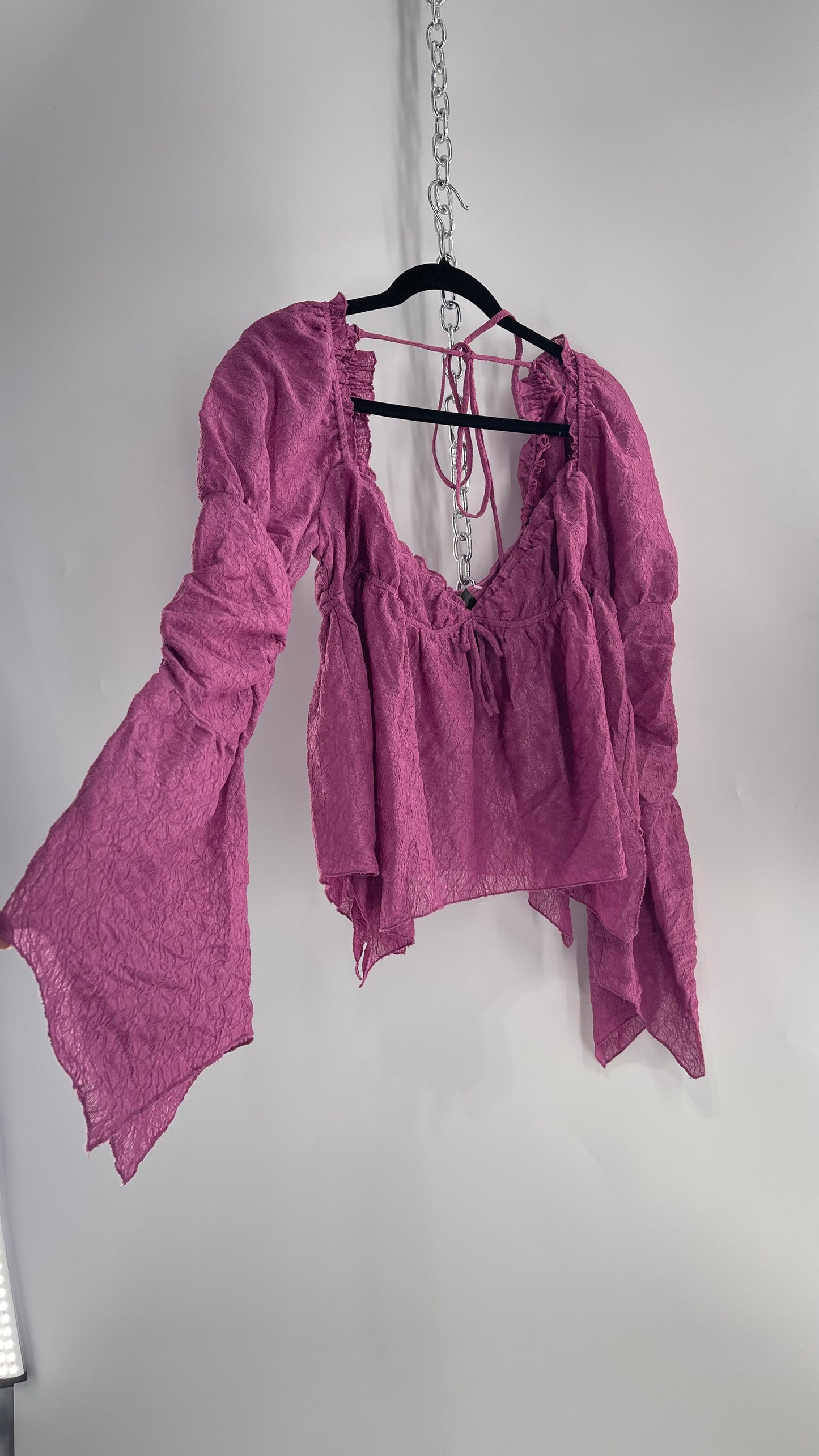 Urban Outfitters Purple Lace Blouse with Handkerchief Slit Hem, Princess Fairy Sleeves, Ruffle Trim Bust and Low Back (Large)