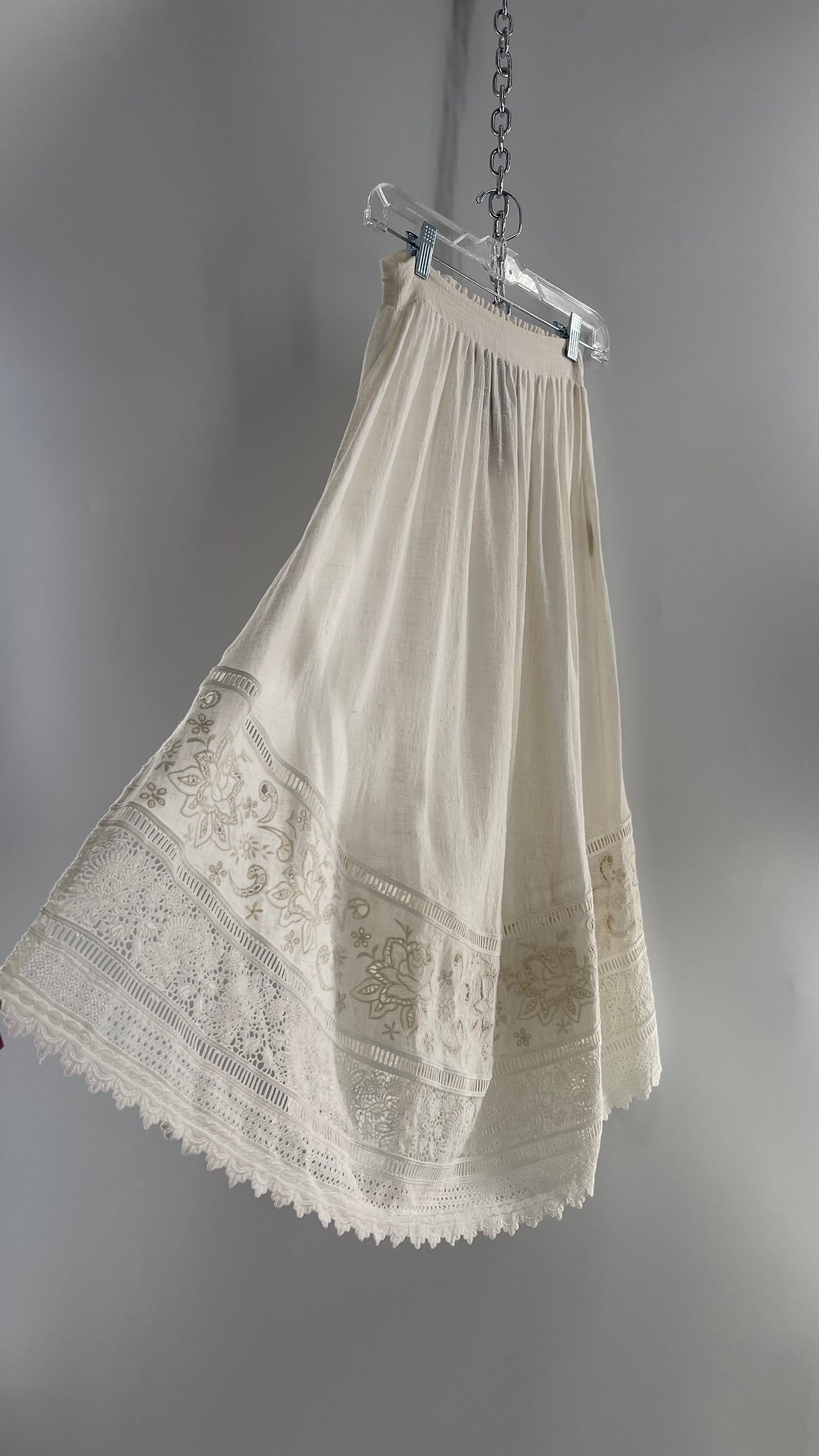 Spell & the Gypsy Full Length Cotton Gauze White Skirt with Tie Sides and Heavily Embroidered Hem (XS)