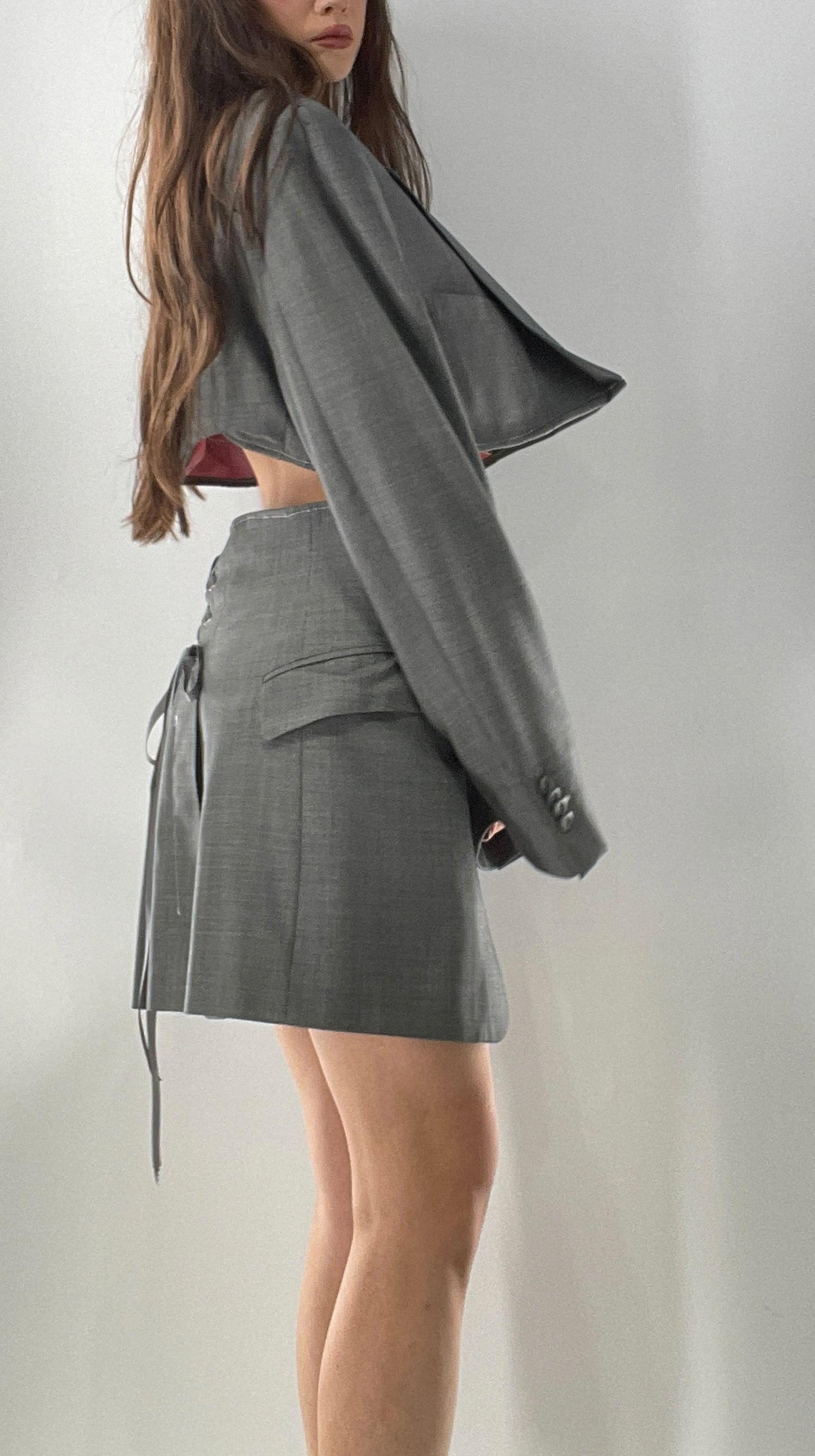 Custom Handmade Gray 2Piece Suit Set with Pink Satin Lining, Cropped Blazer, and Corseted Skirt (S-L)