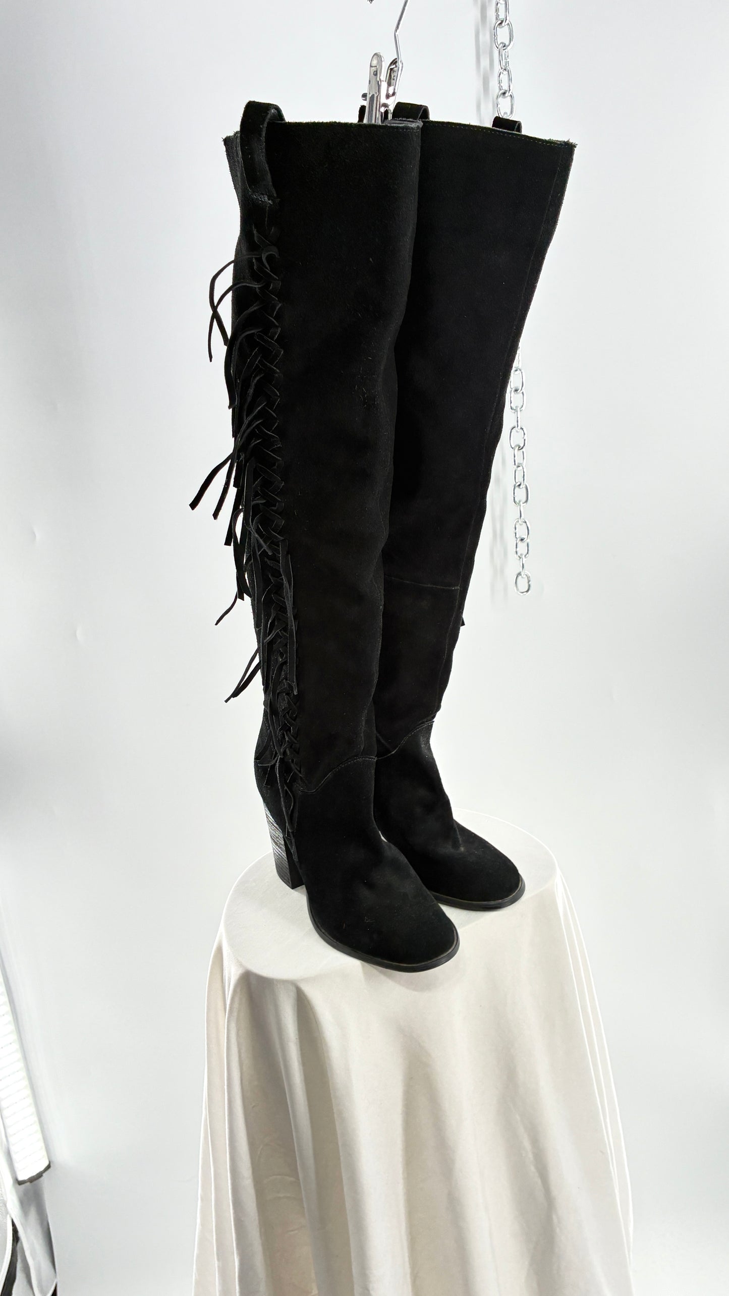 Vintage CARLOS SANTANA Genuine Suede Leather Thigh High Tassel, Fringe Side Boots (7.5)