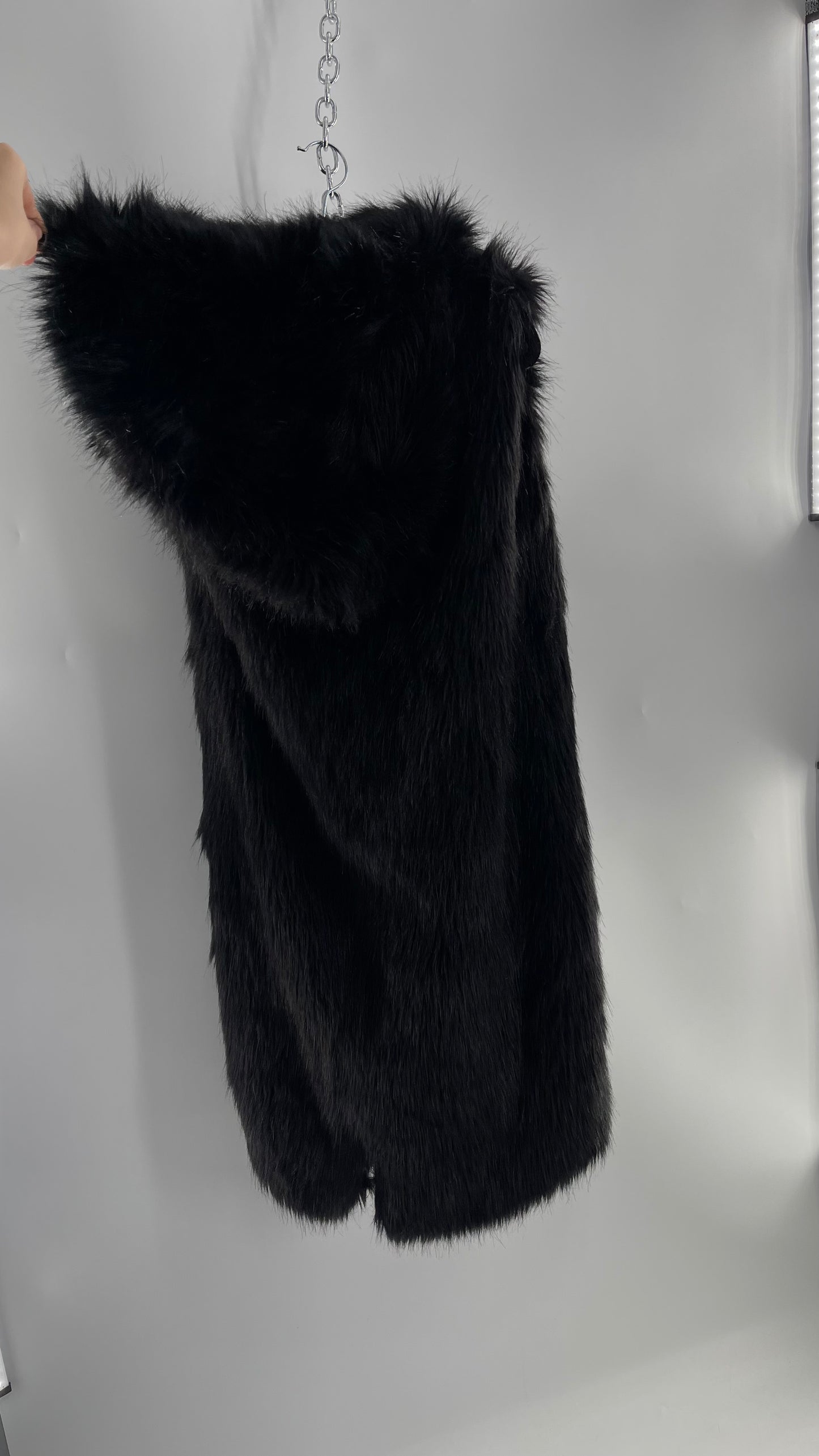 Full Length Black Fuzzy Sleeveless Vest with Oversized Hood (Medium)
