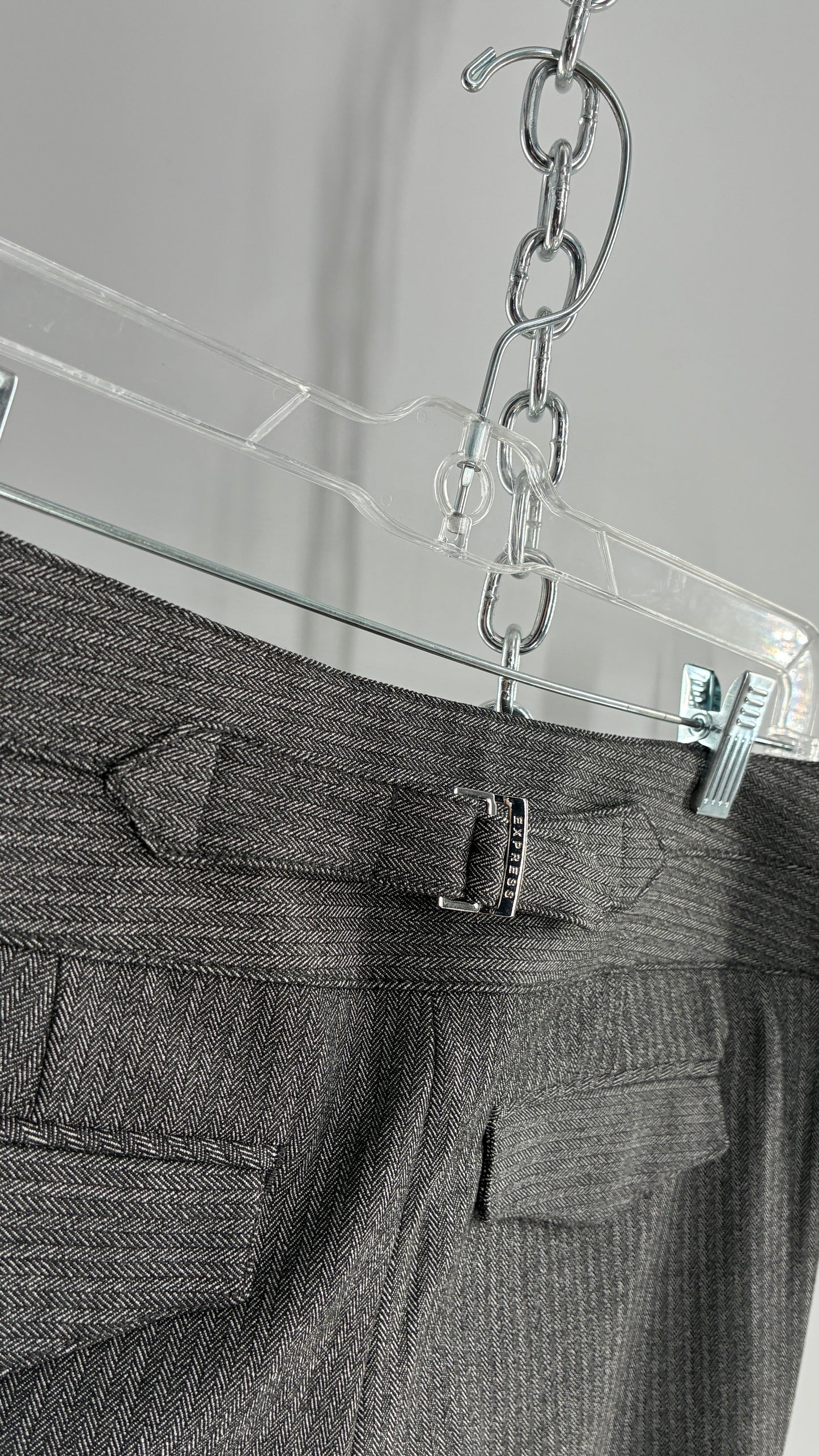 Vintage 1990s EXPRESS Editor Dark Grey Pinstripe Ultra Low Rise Thick Hip Band Kick Flares (6R)