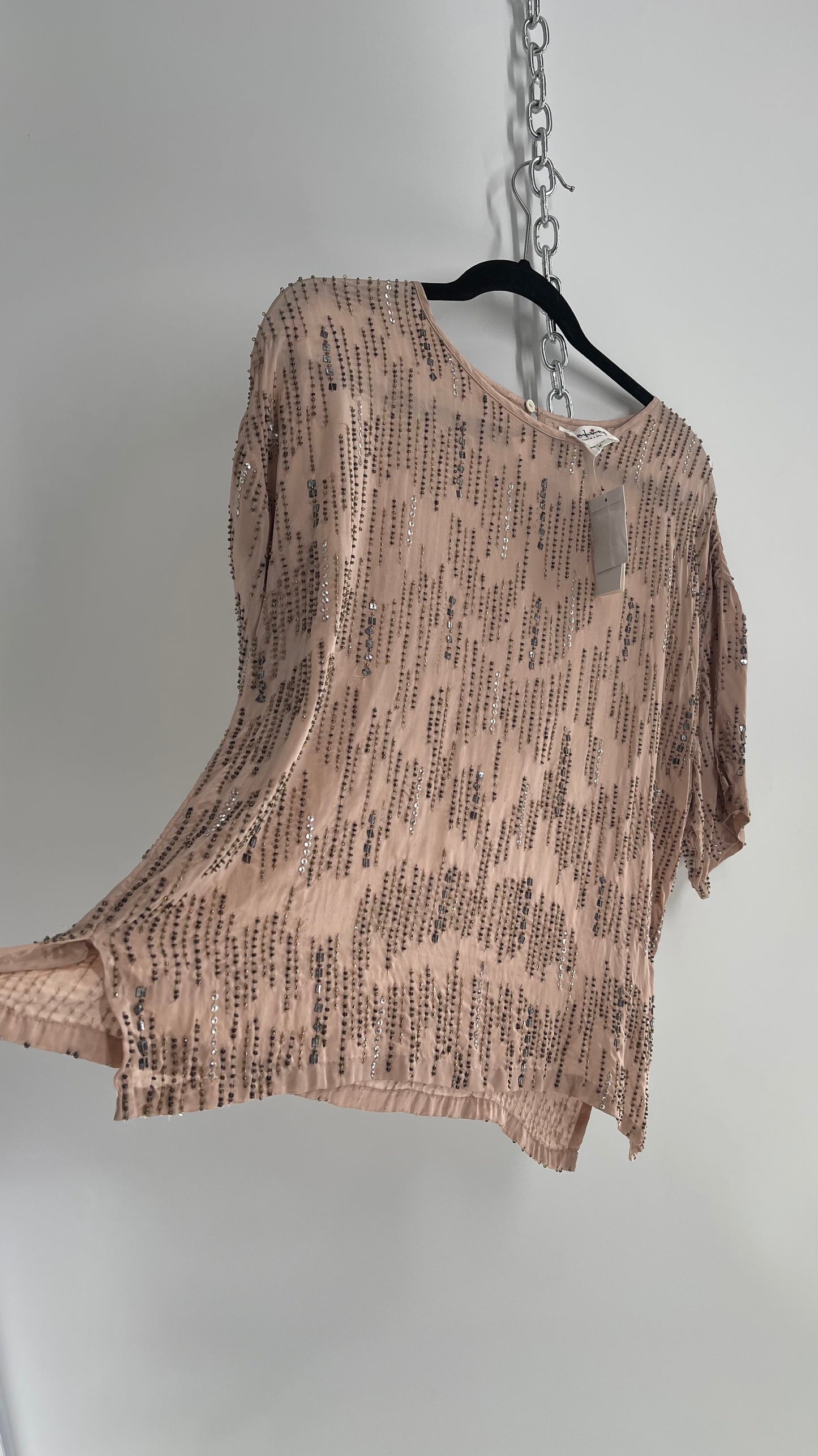 Velvet Anthropologie Dusty Rose Silky Top Covered in Beading and Tags Attached (Medium)