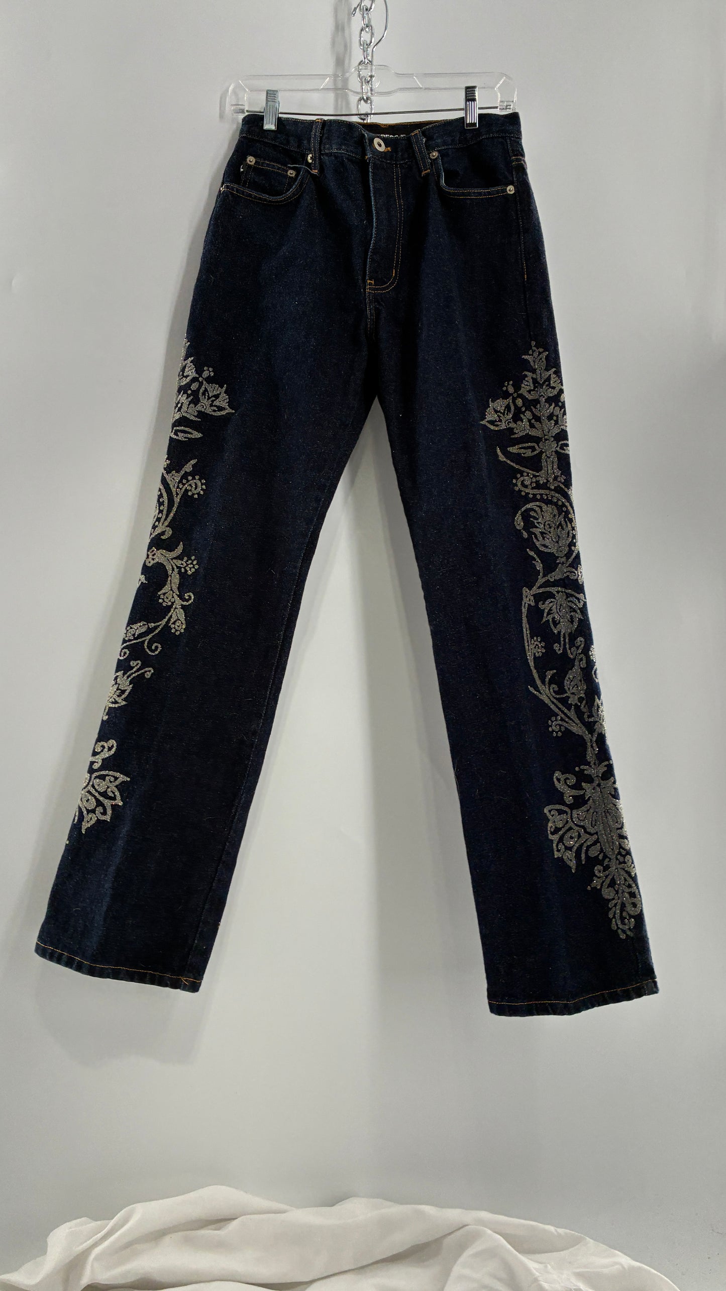 Vintage EXPRESS JEANS Dark Wash with Iridescent, Embellished, Textured Design Running Down Pant Leg (3/4)