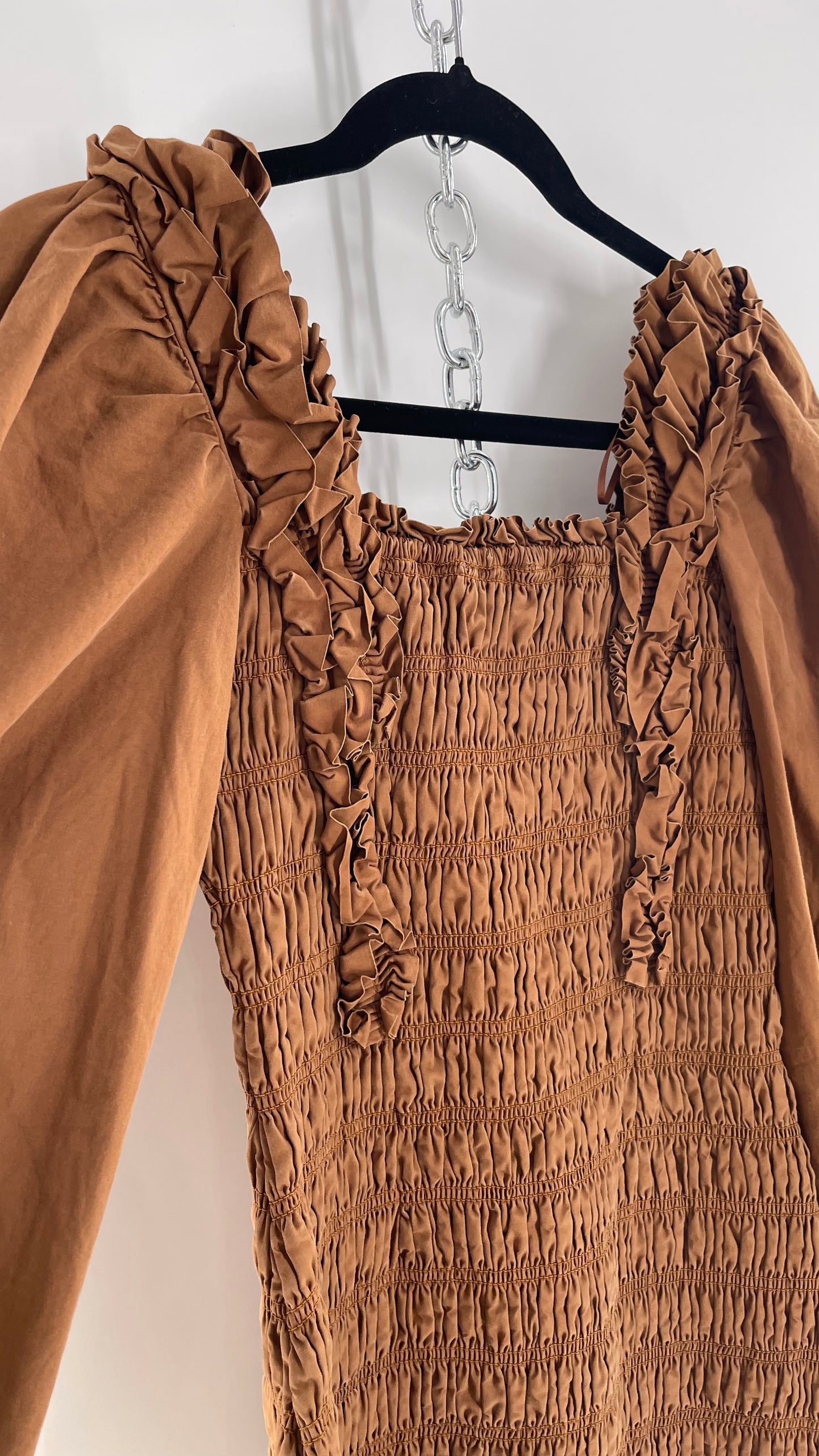 Endless Rose Anthropologie Brown Smocked Ruffle Front Puff Sleeve Mini Dress (Medium)