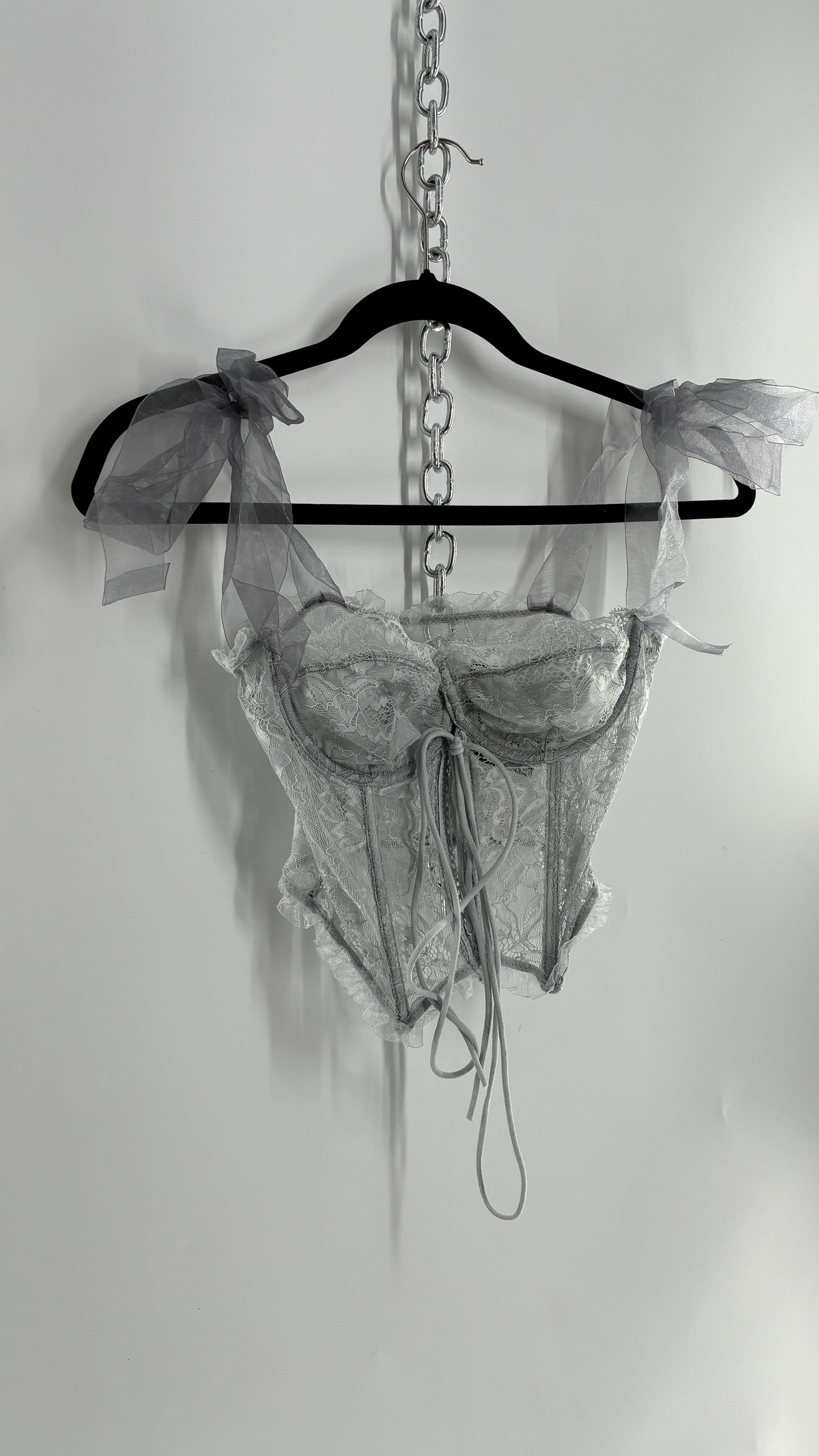 Vintage Light Grey Pointed Hem Lace Corset with Shoulder Bows (XS)