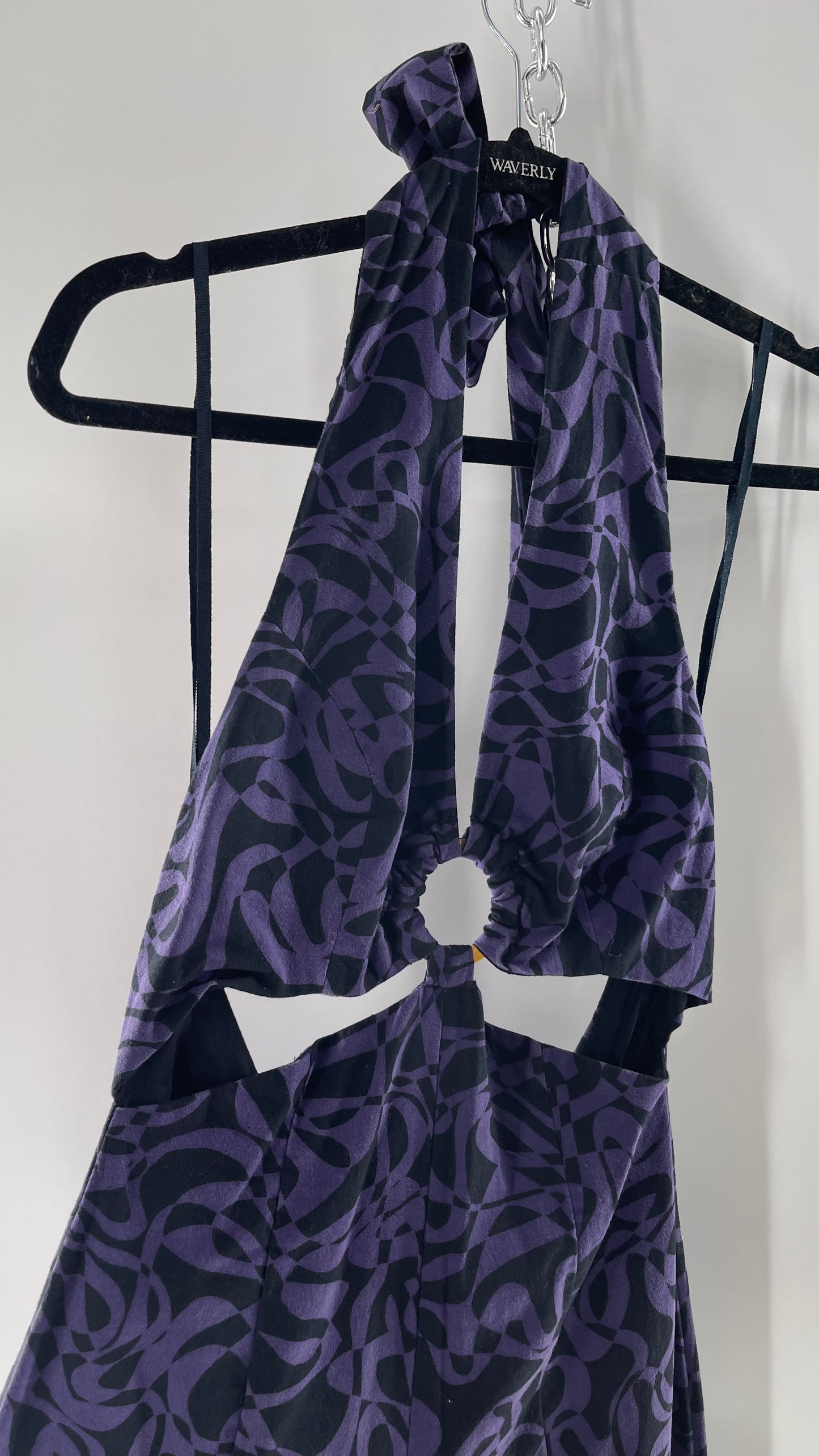 Free People Kira Retro Black and Purple Wide Leg Halter Jumpsuit with Tortoise Bust Loop (XS)