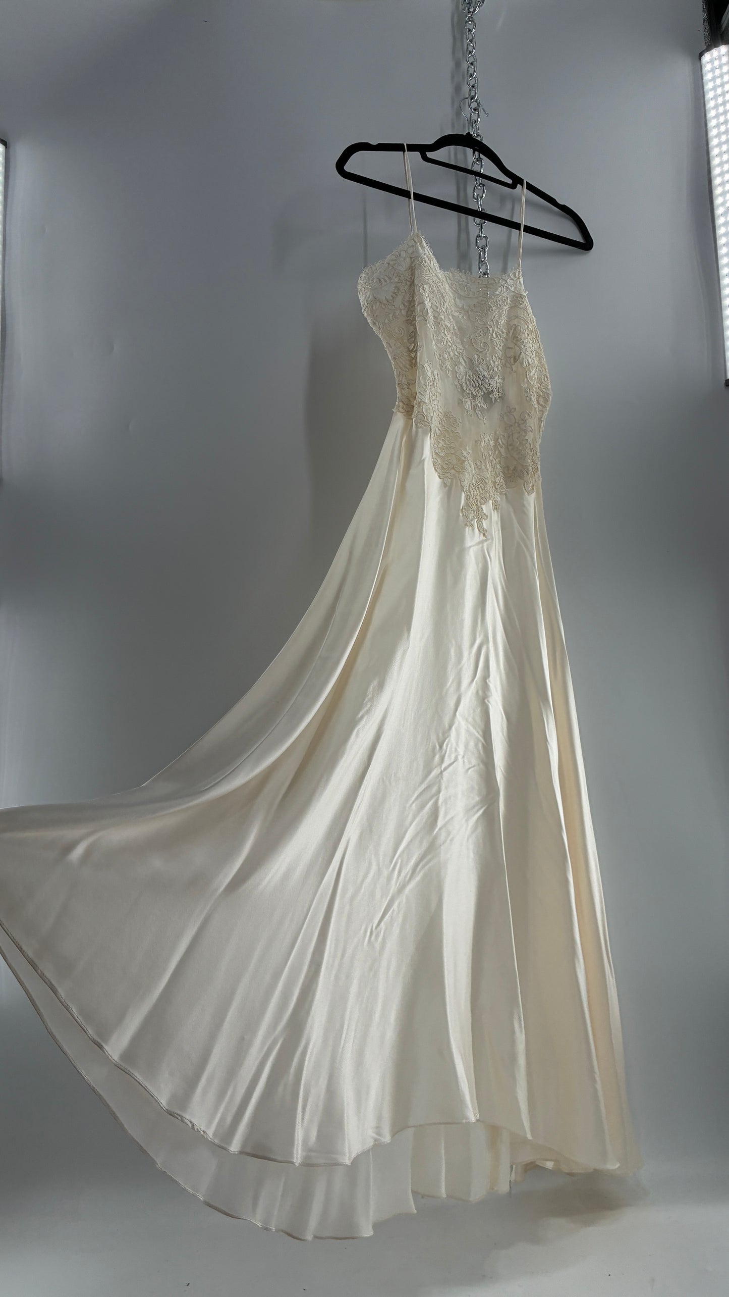Vintage JONQUIL 100% Silk Gown with Heavy Lace Appliqués and Low Cut Sheer Back (Medium)